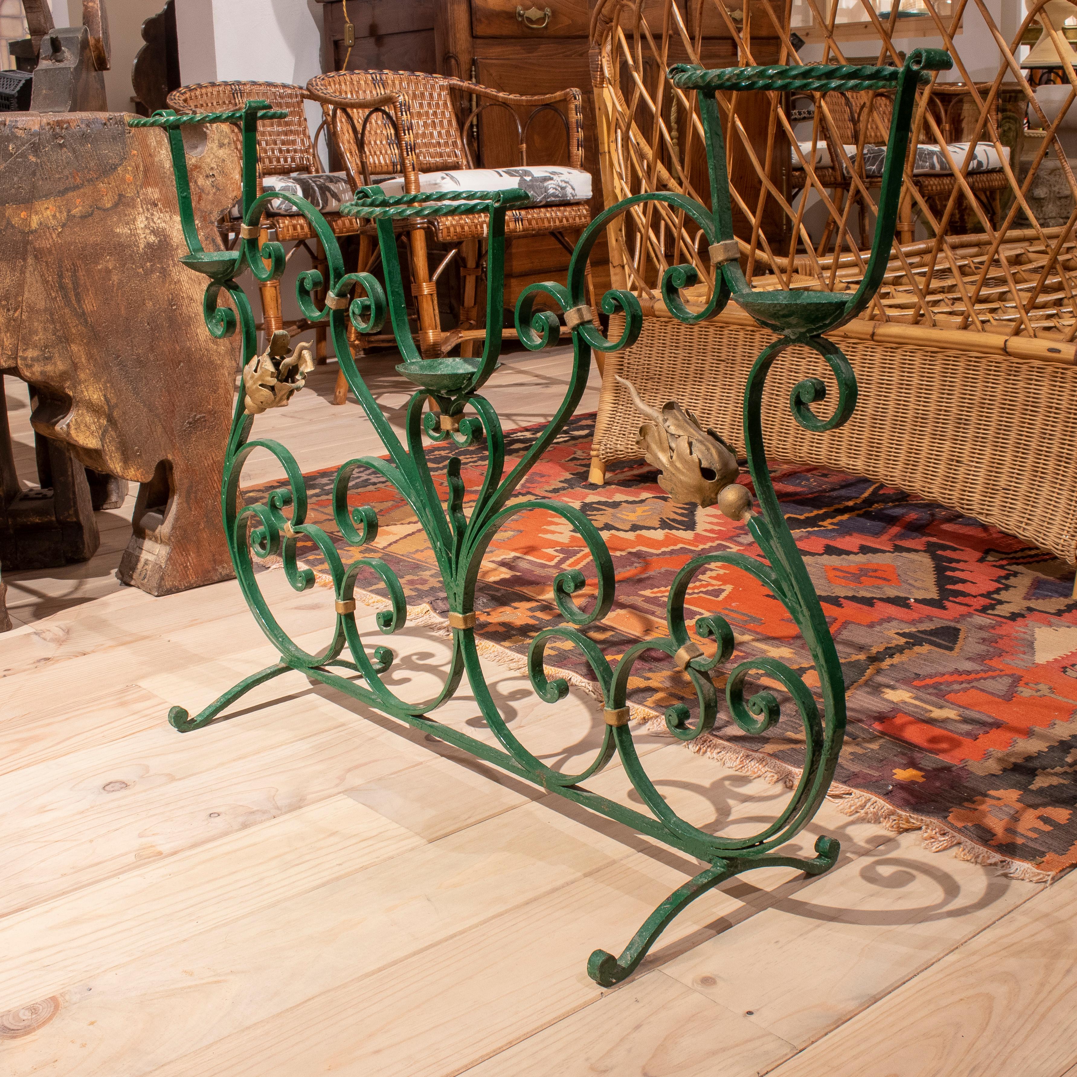 Vintage 1970s Spanish green wrought iron garden planter stand.