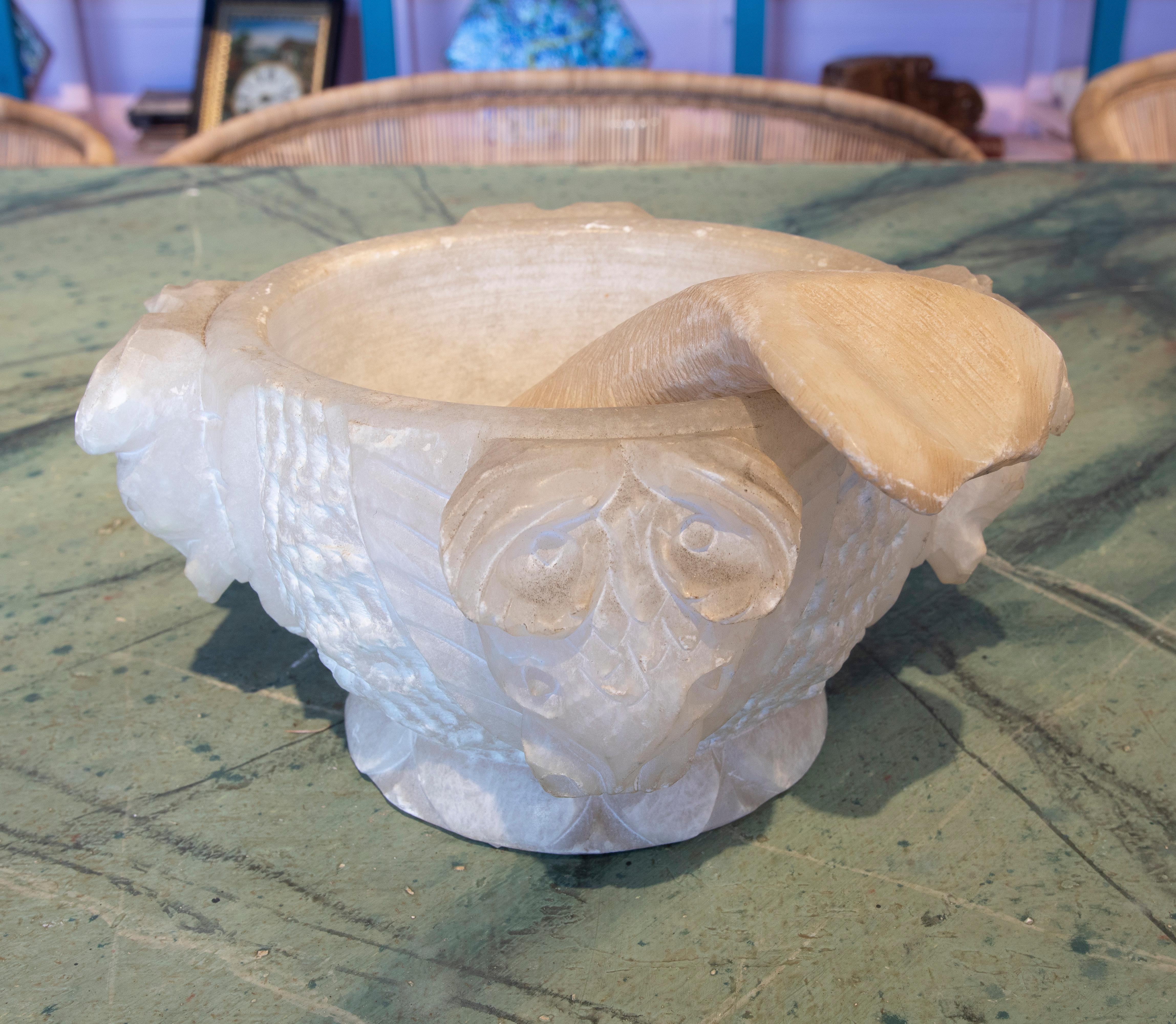 Hand-Carved 1970s Spanish Hand Carved Alabaster Mortar & Pestle w/ Goat Heads Decorations 
