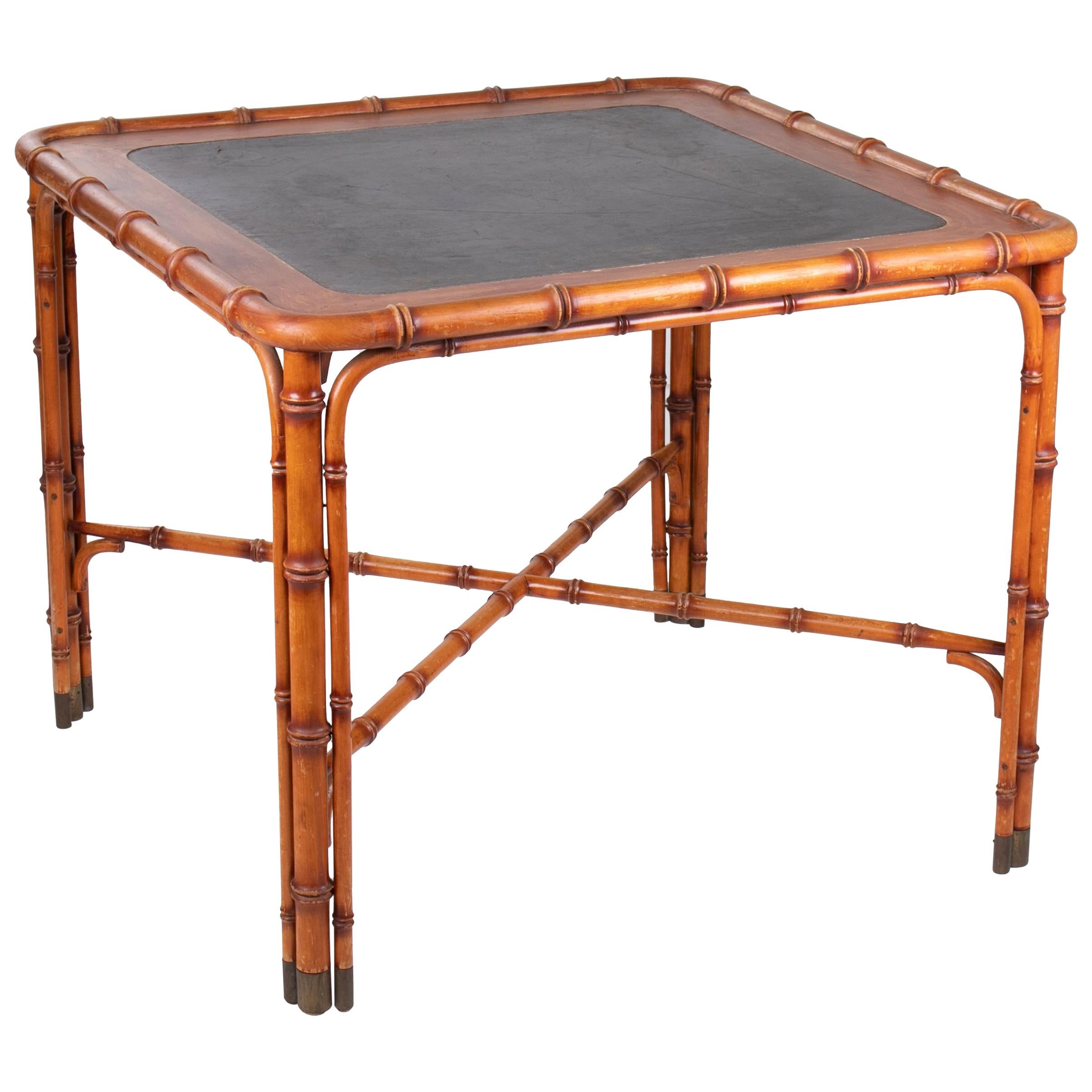 1970s Spanish Hand Carved Wooden Table Imitating Bamboo with Leather