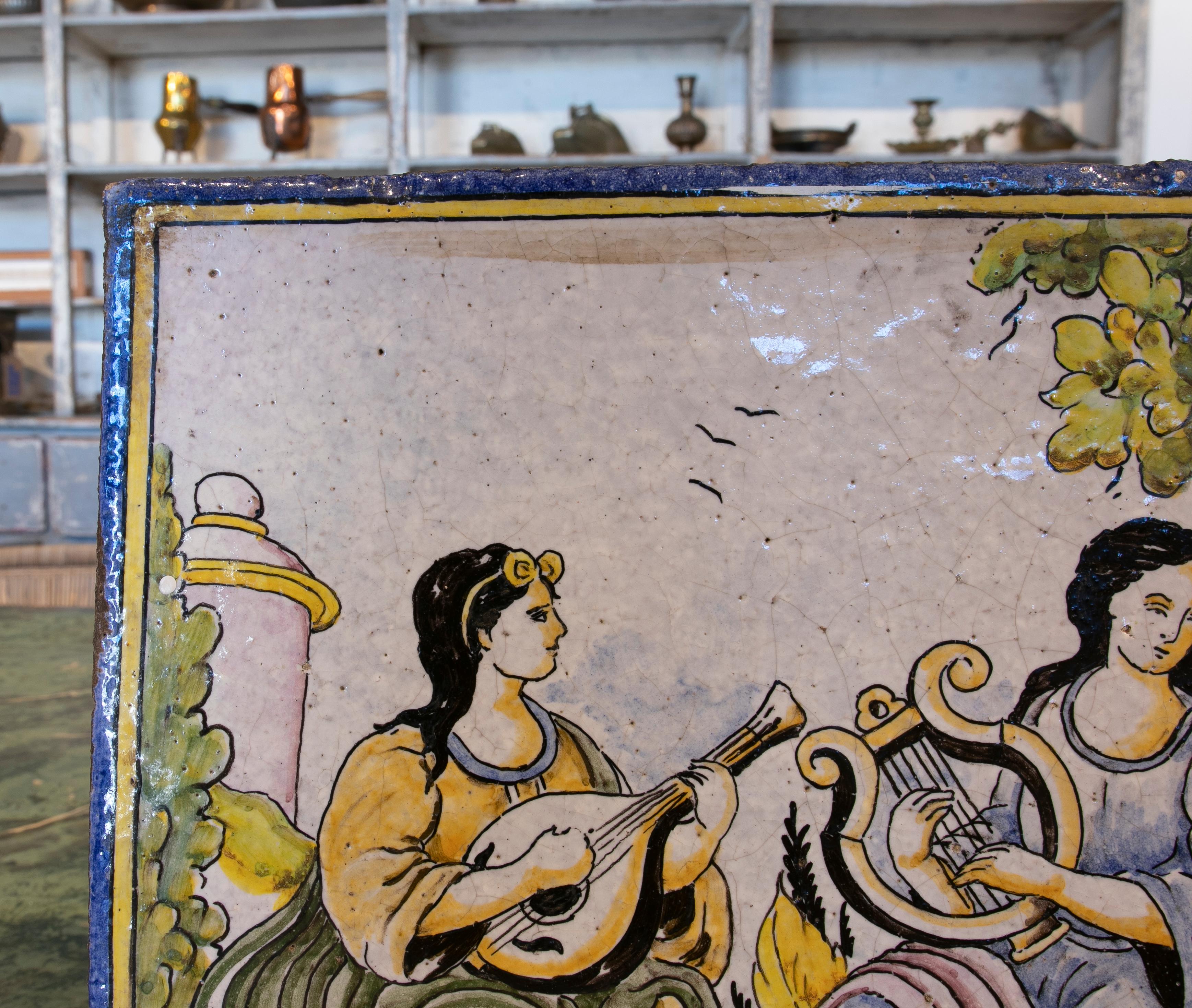 1970s Spanish Hand Painted Glazed Ceramic Tile with People Scene For Sale 5