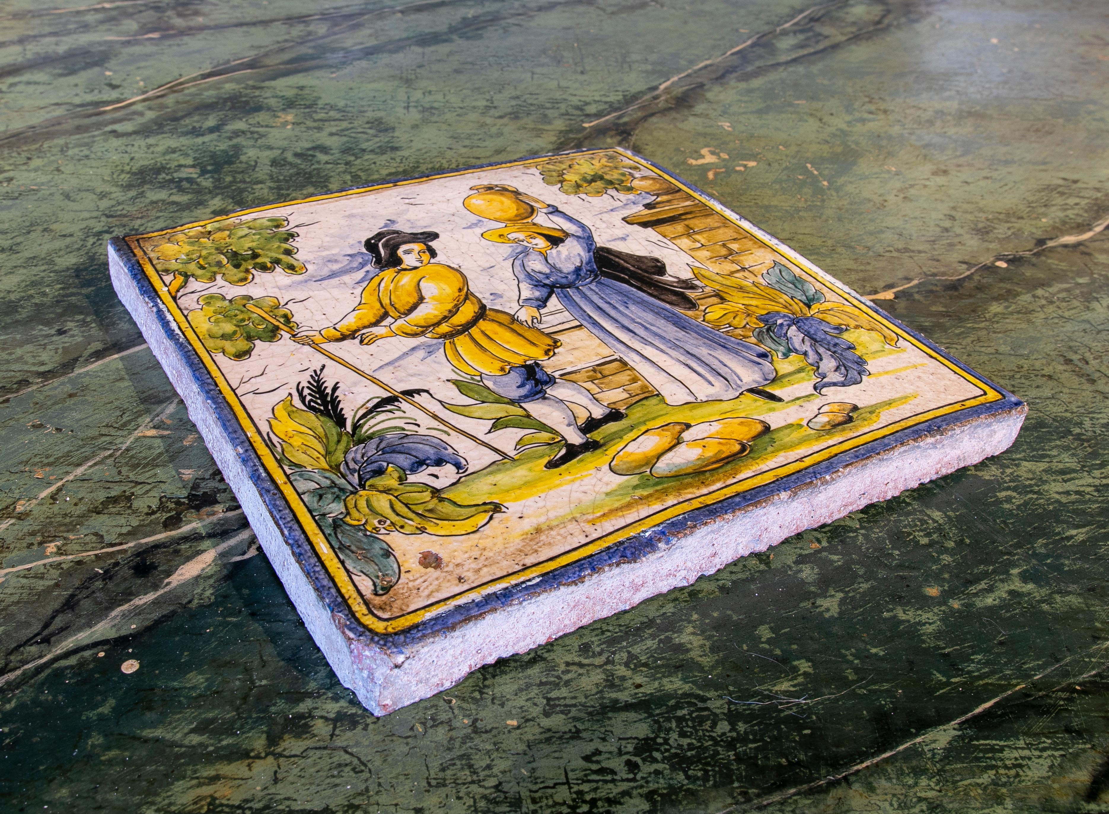 1970s Spanish Hand Painted Glazed Ceramic Tile with People Scene 5