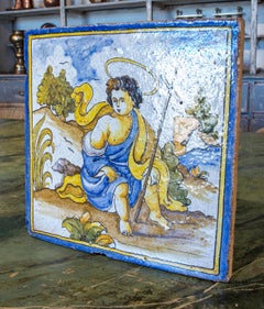 1970s Spanish Hand Painted Glazed Ceramic Tile with People Scene