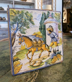1970s Spanish Hand Painted Glazed Ceramic Tile with People Scene