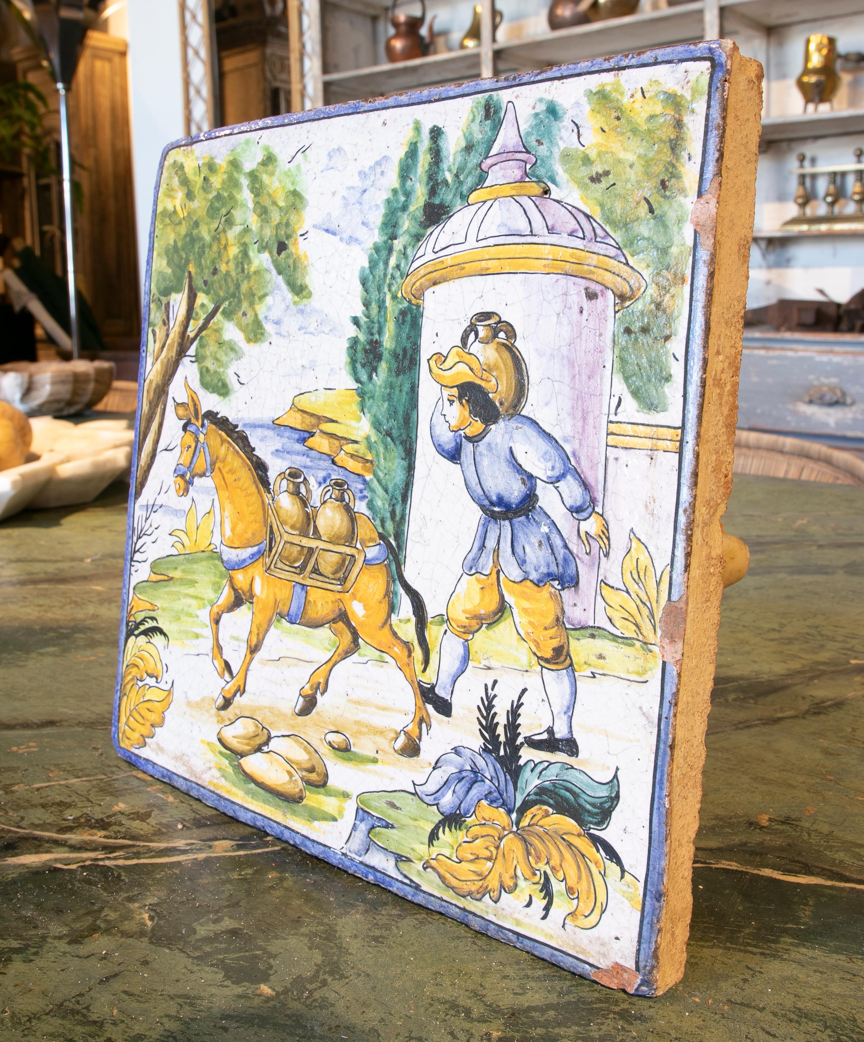 Hand-Painted 1970s Spanish Hand Painted Glazed Ceramic Tile with People Scene For Sale
