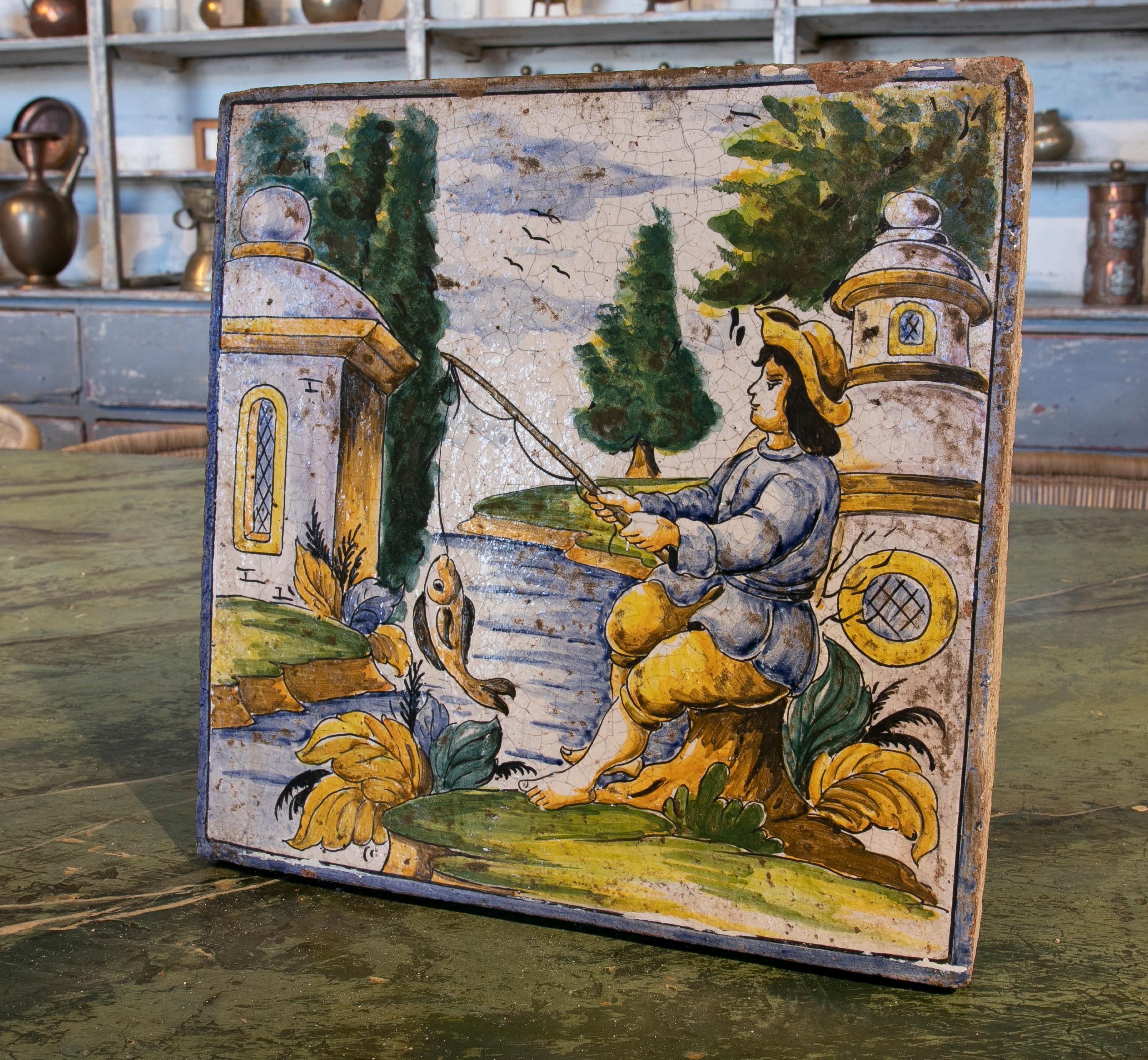 Hand-Painted 1970s Spanish Hand Painted Glazed Ceramic Tile with People Scene For Sale