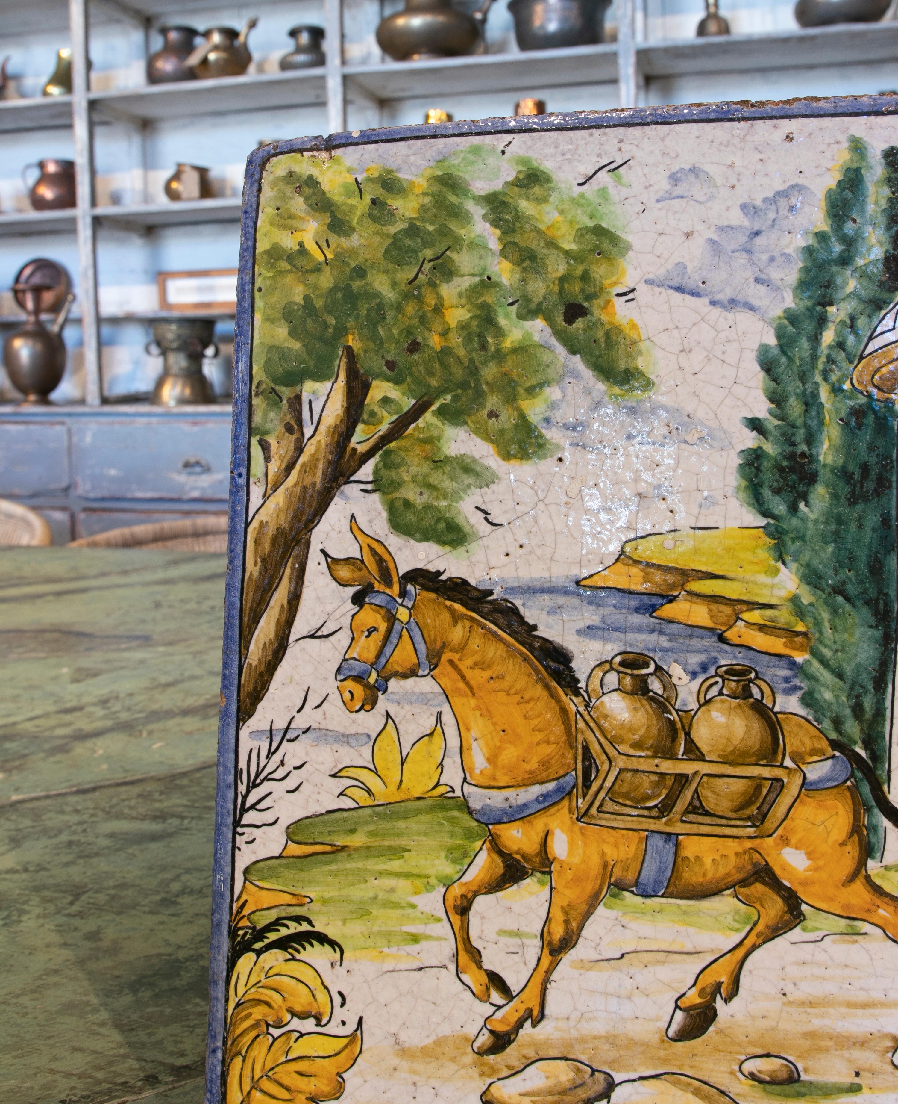 1970s Spanish Hand Painted Glazed Ceramic Tile with People Scene In Good Condition For Sale In Marbella, ES