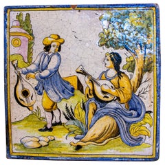 1970s Spanish Hand Painted Glazed Ceramic Tile with People Scene
