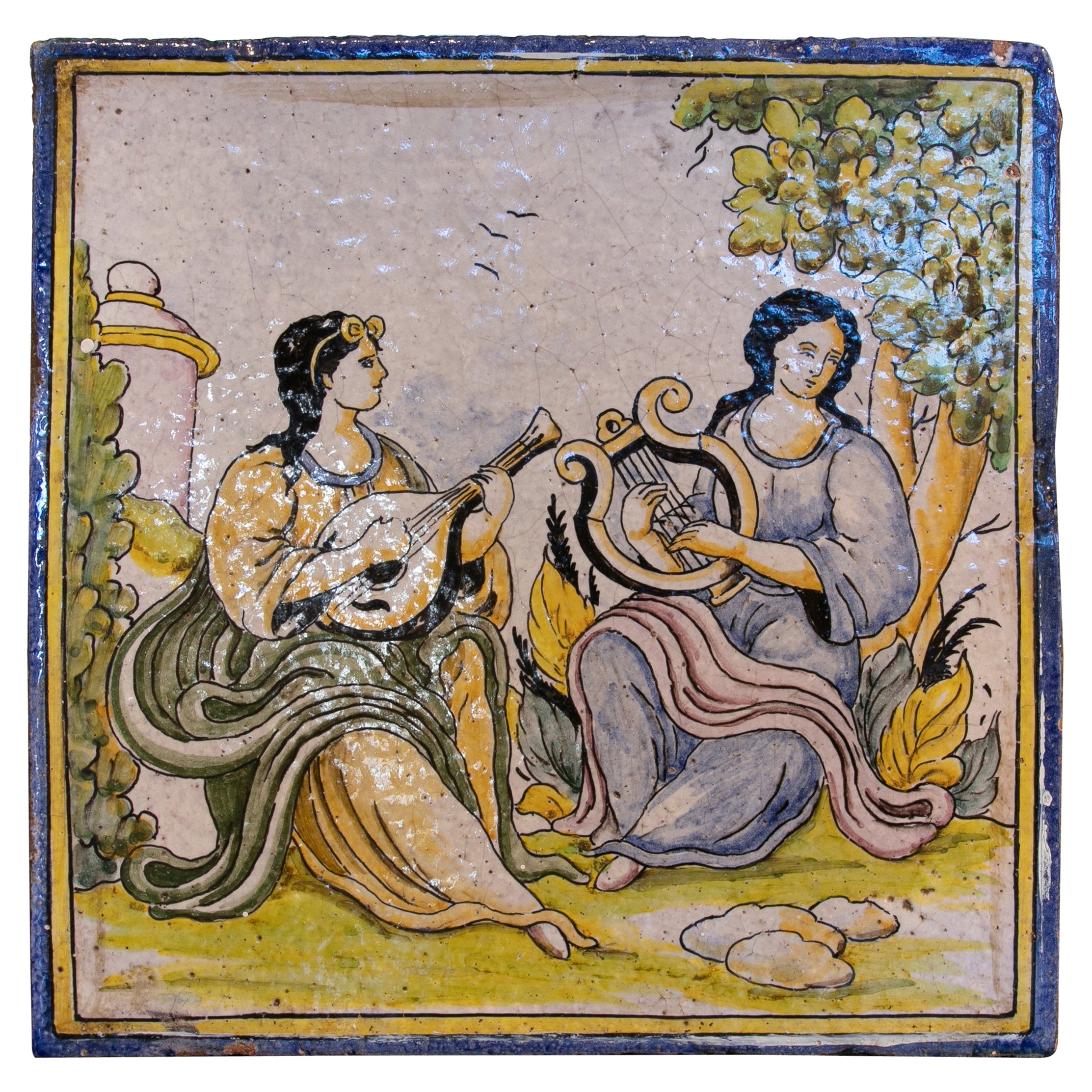 1970s Spanish Hand Painted Glazed Ceramic Tile with People Scene