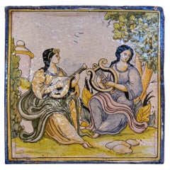 1970s Spanish Hand Painted Glazed Ceramic Tile with People Scene