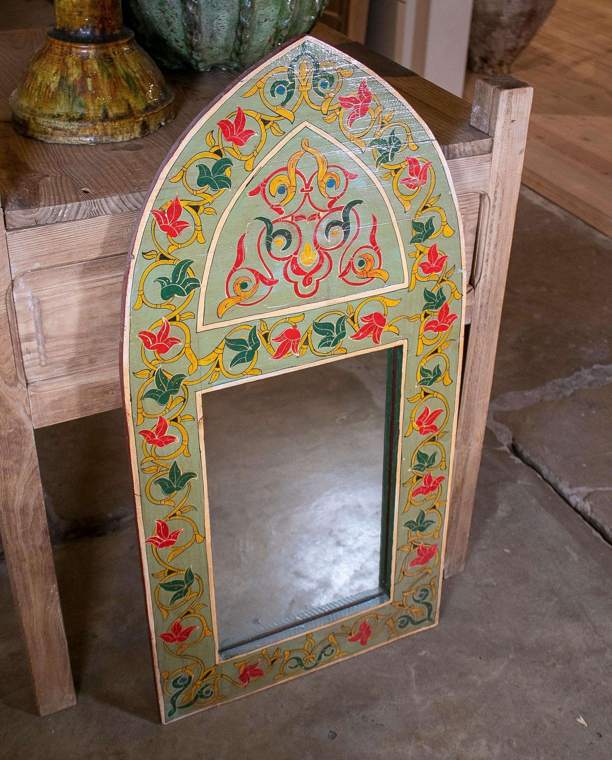Moroccan 1970s Spanish Hand Painted Wooden Arched Wall Mirror For Sale