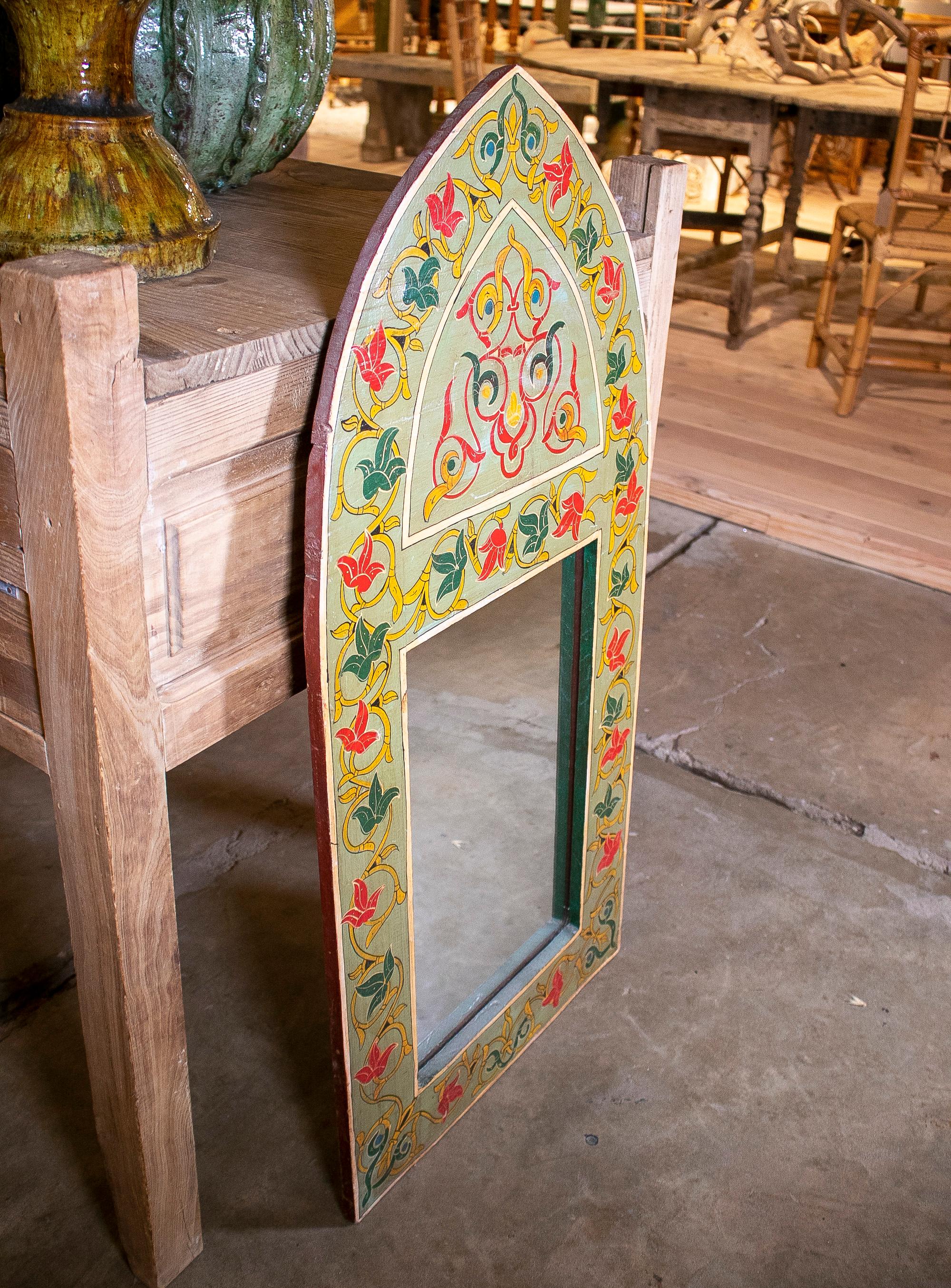 20th Century 1970s Spanish Hand Painted Wooden Arched Wall Mirror For Sale