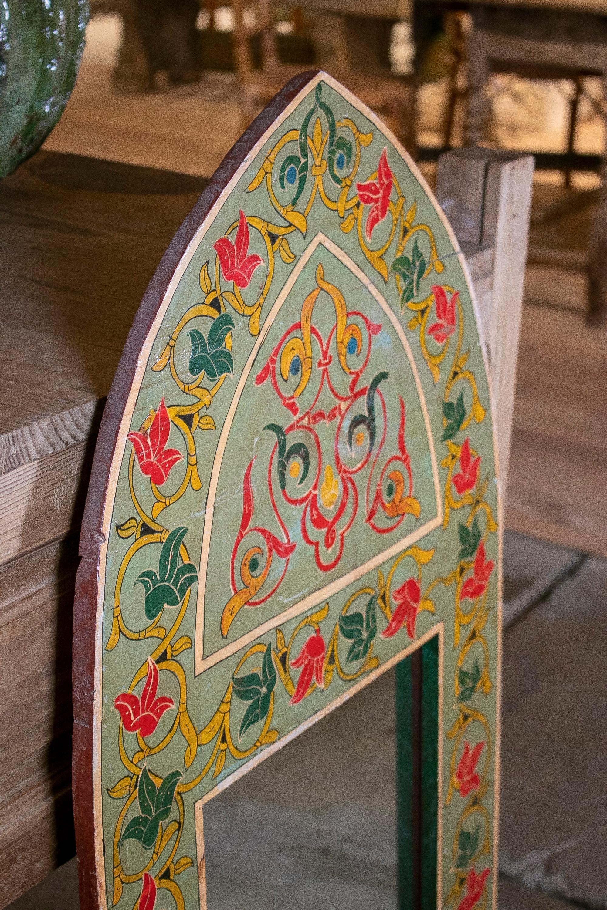 1970s Spanish Hand Painted Wooden Arched Wall Mirror For Sale 1