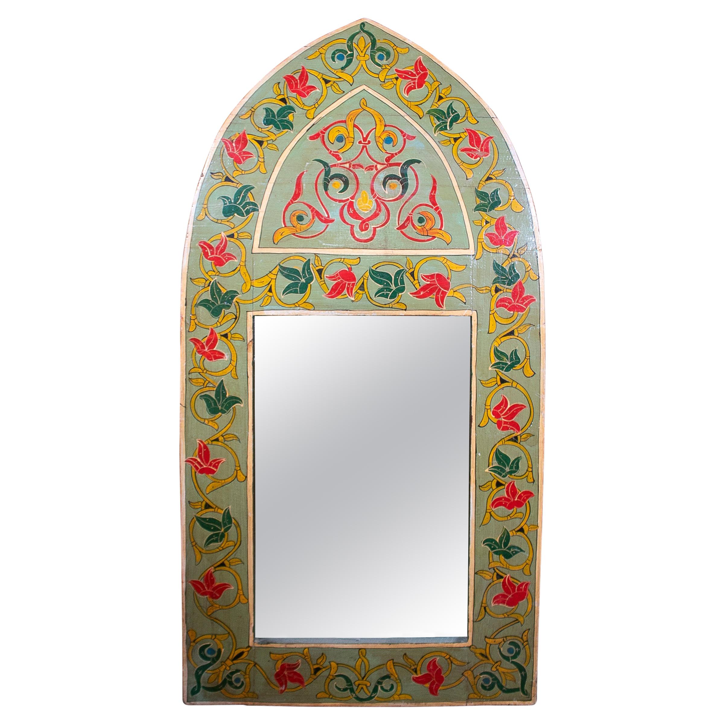 1970s Spanish Hand Painted Wooden Arched Wall Mirror For Sale