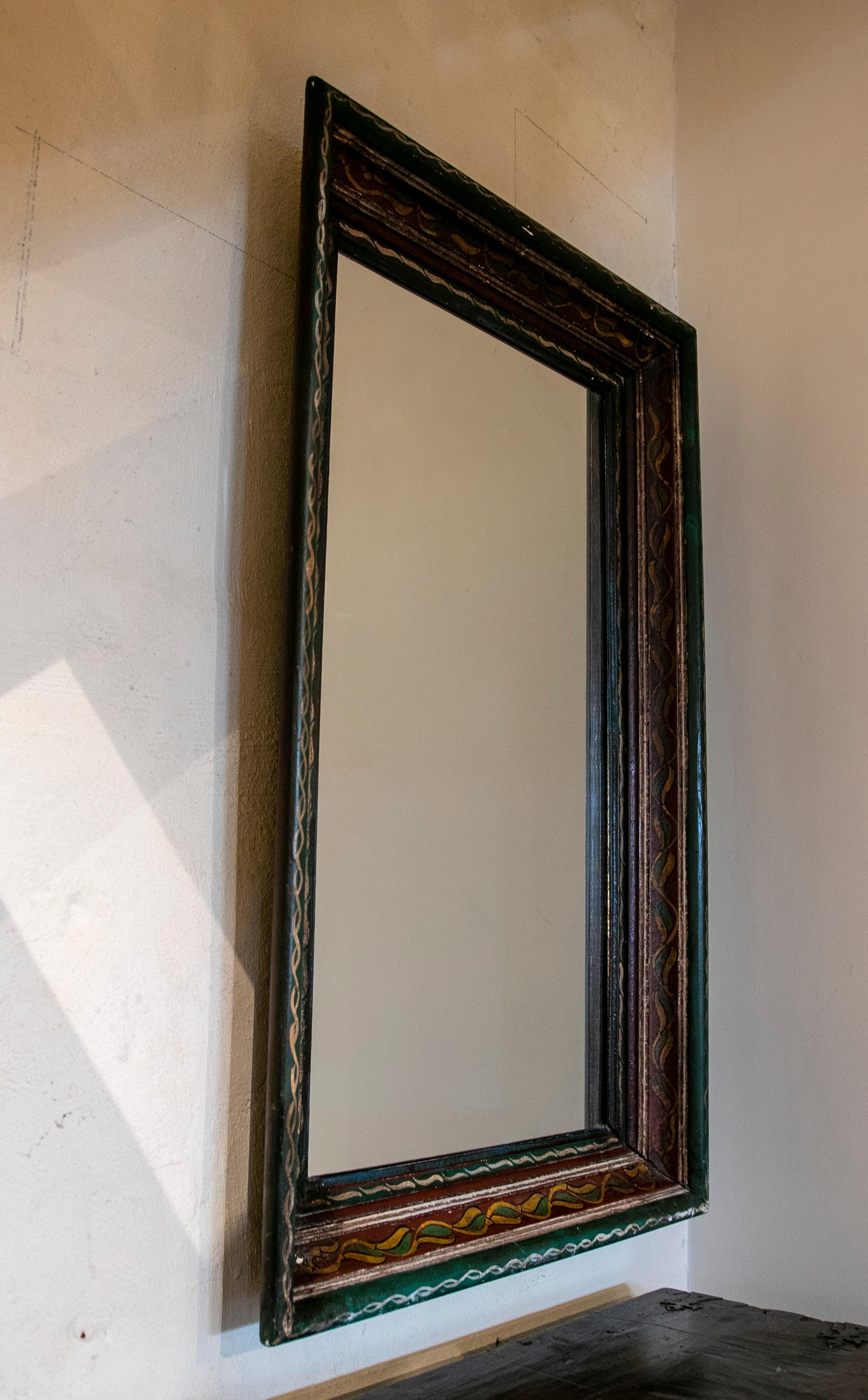 Hand-Painted 1970s Spanish Hand Painted Wooden Wall Mirror