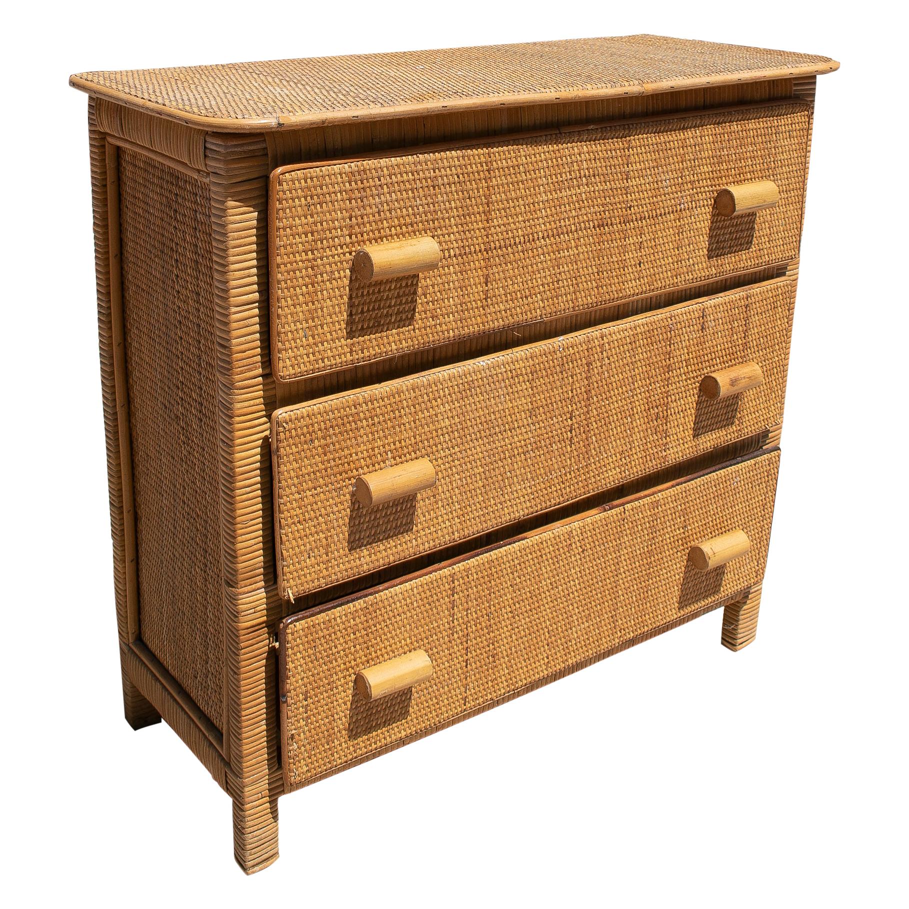 1970s Spanish Hand Woven Lace Wicker 3-Drawer Commode Chest For Sale