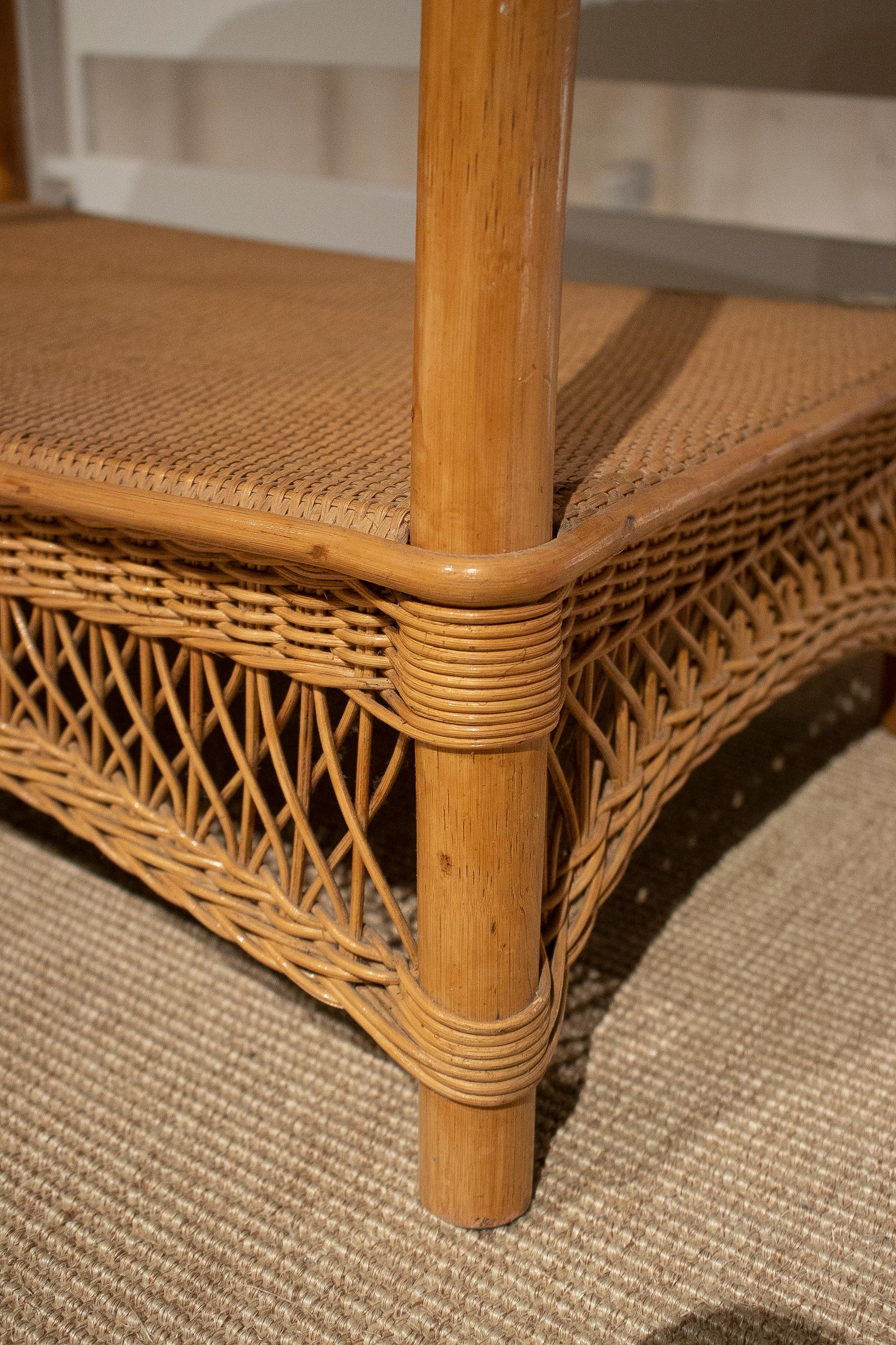 1970s Spanish Hand Woven Wicker & Bamboo Side Table w/ Low Shelf 6