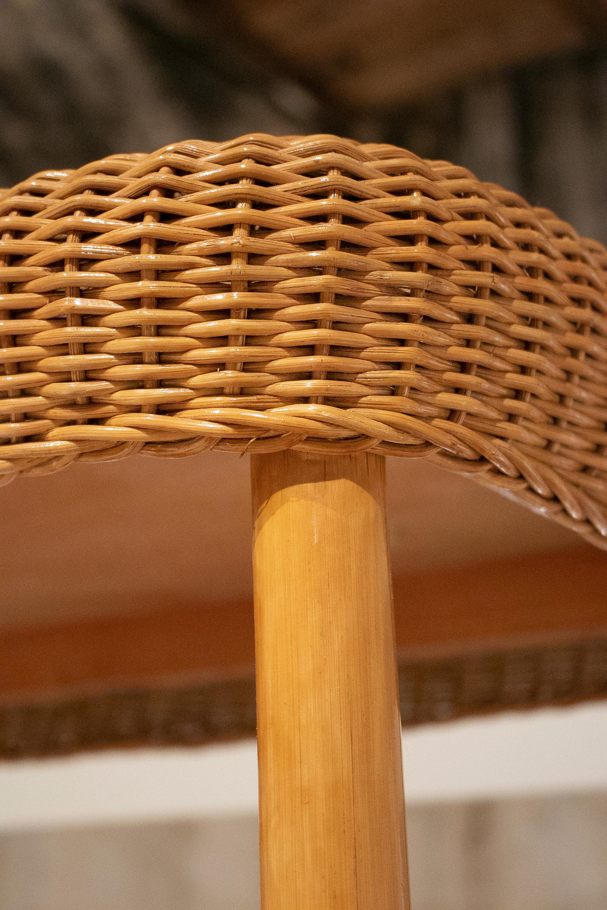 1970s Spanish Hand Woven Wicker & Bamboo Side Table w/ Low Shelf 9