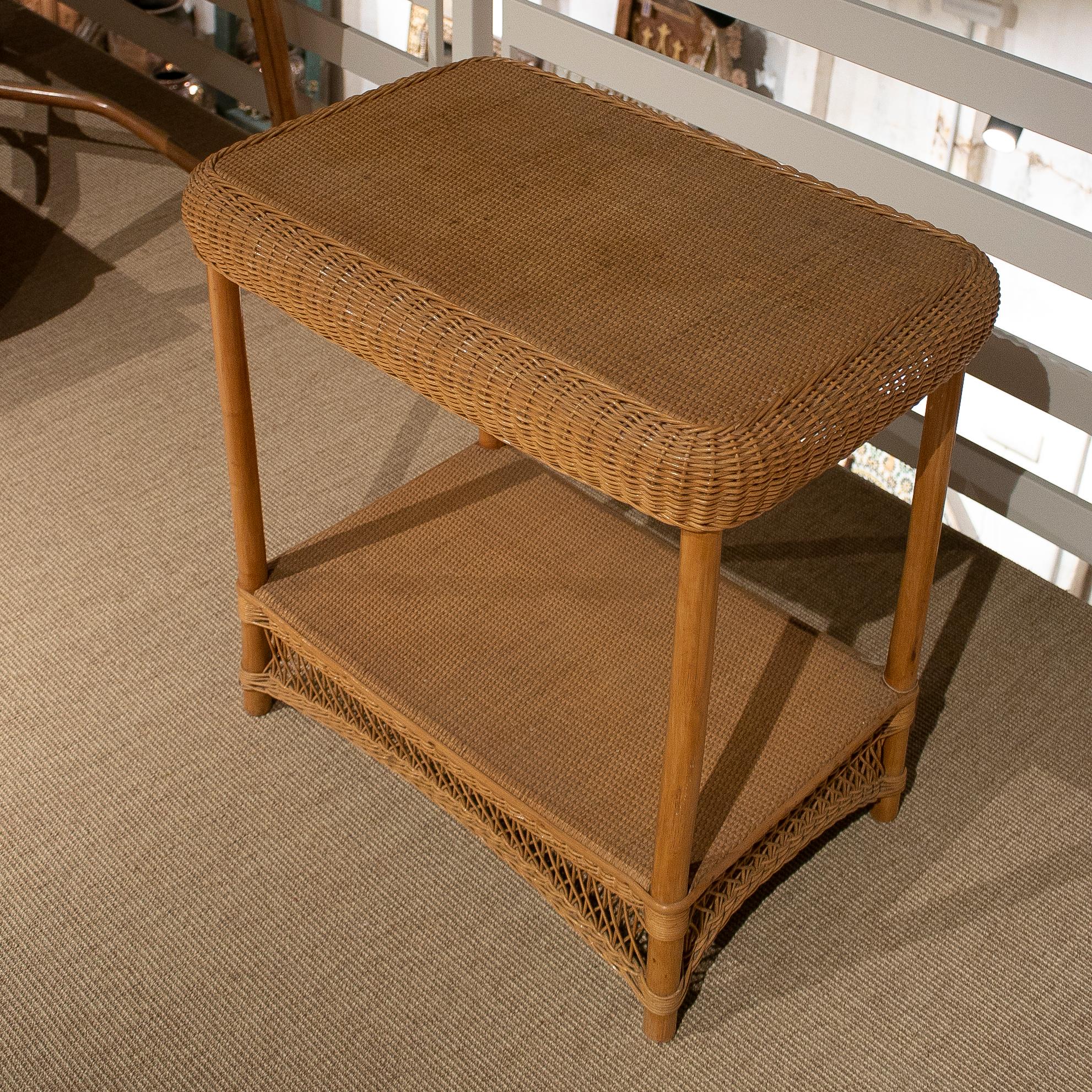 1970s Spanish Hand Woven Wicker & Bamboo Side Table w/ Low Shelf 1