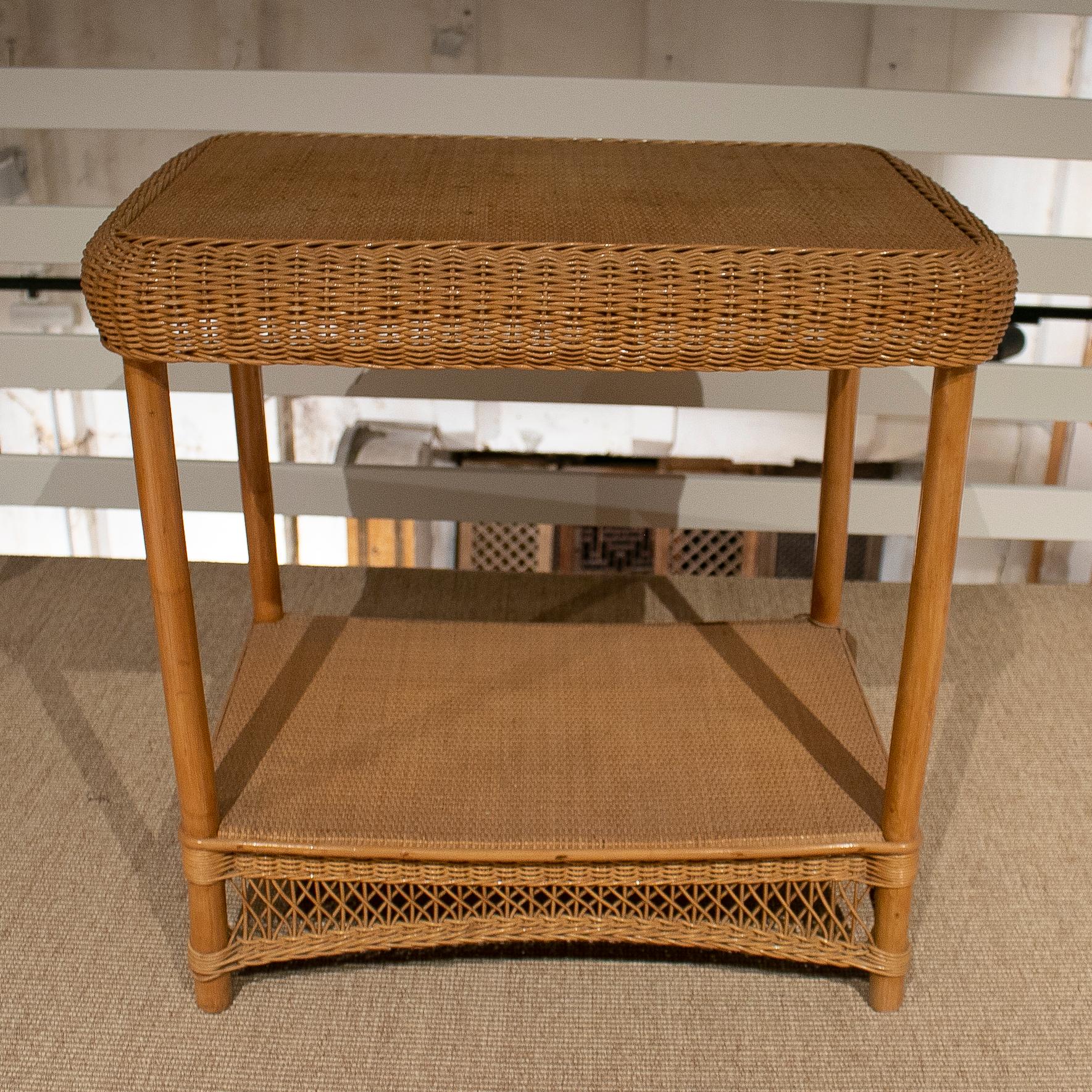 1970s Spanish Hand Woven Wicker & Bamboo Side Table w/ Low Shelf 3