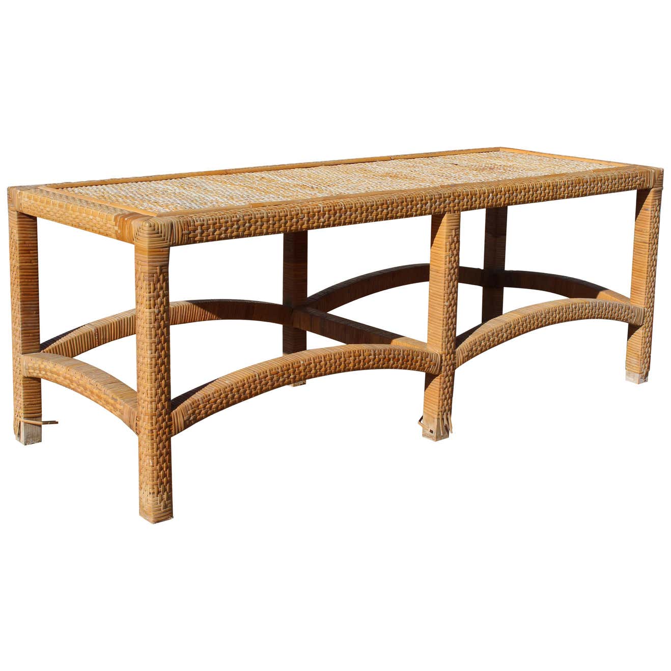 1970s Spanish Hand Woven Wicker Bench at 1stDibs