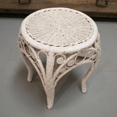 1970s Spanish Hand Woven Wicker Painted Round Low Stool