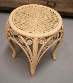 1970s Spanish Hand Woven Wicker Painted Round Low Stool