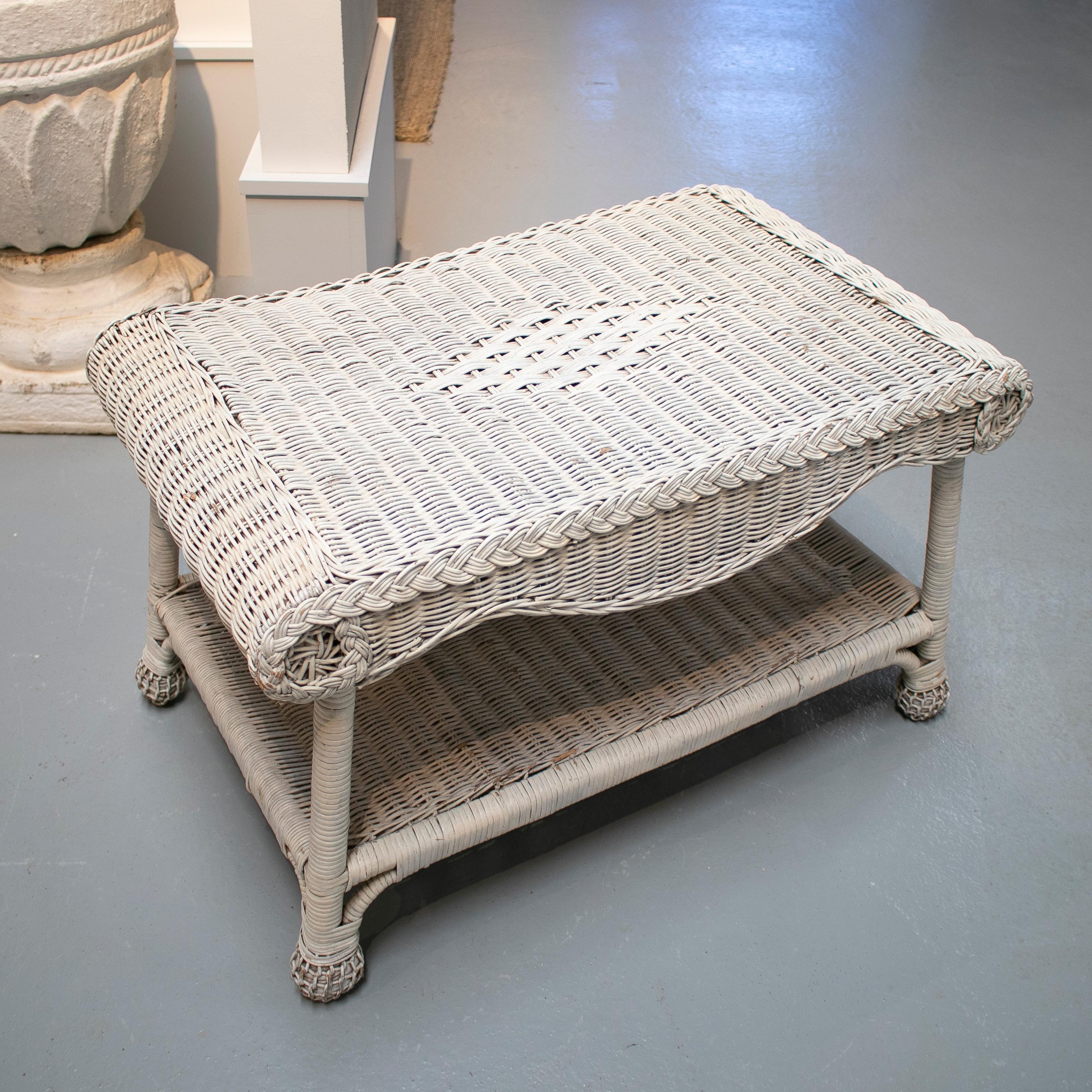 1970s Spanish hand woven wicker side table painted white.
