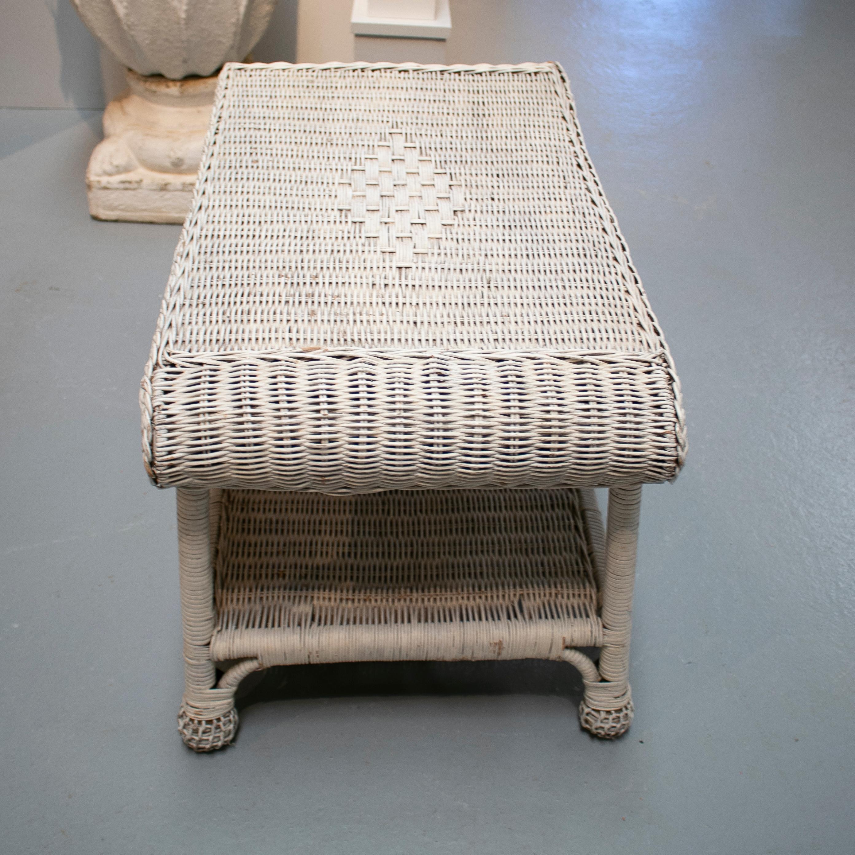 1970s Spanish Hand Woven Wicker Side Table Painted White 2