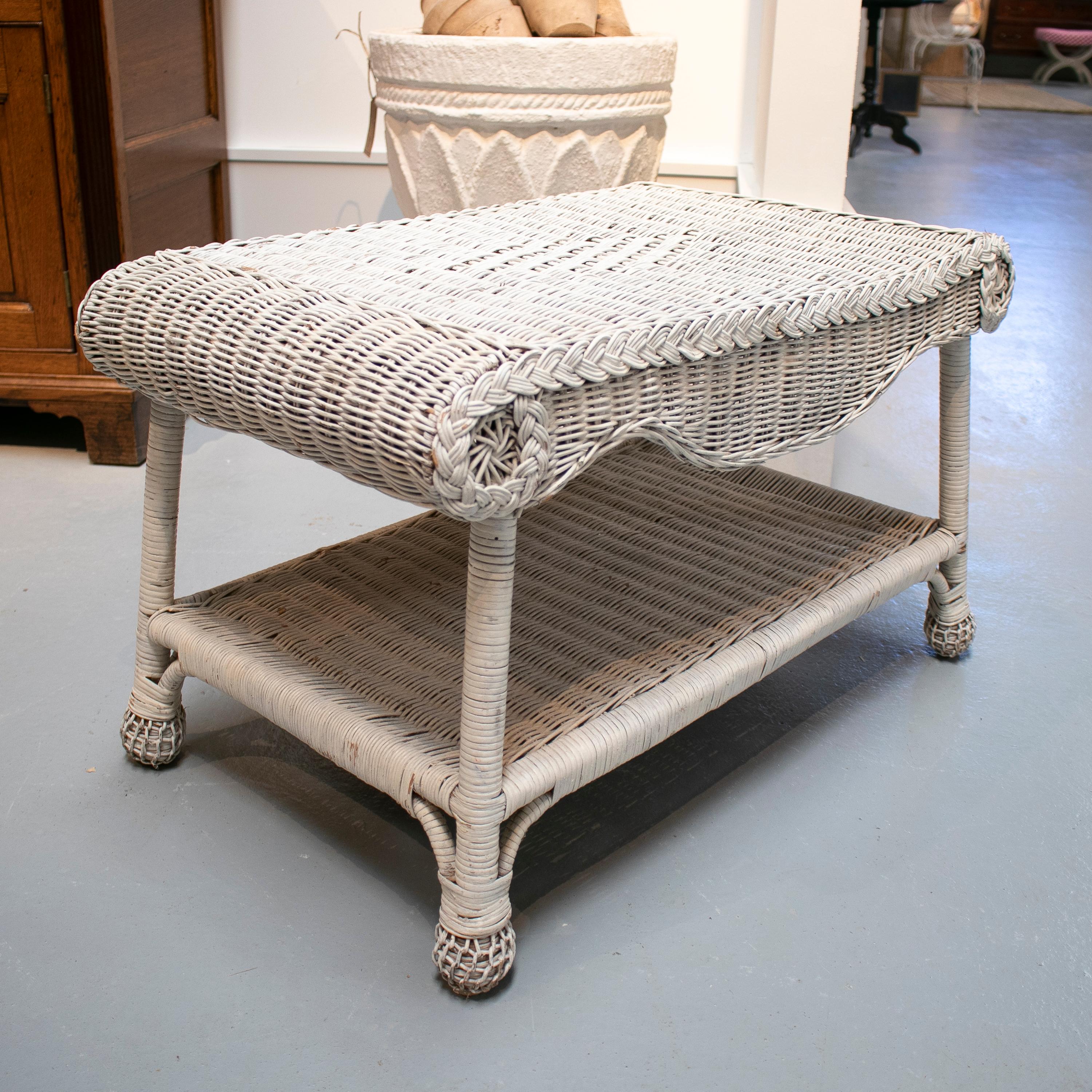 1970s Spanish Hand Woven Wicker Side Table Painted White 3