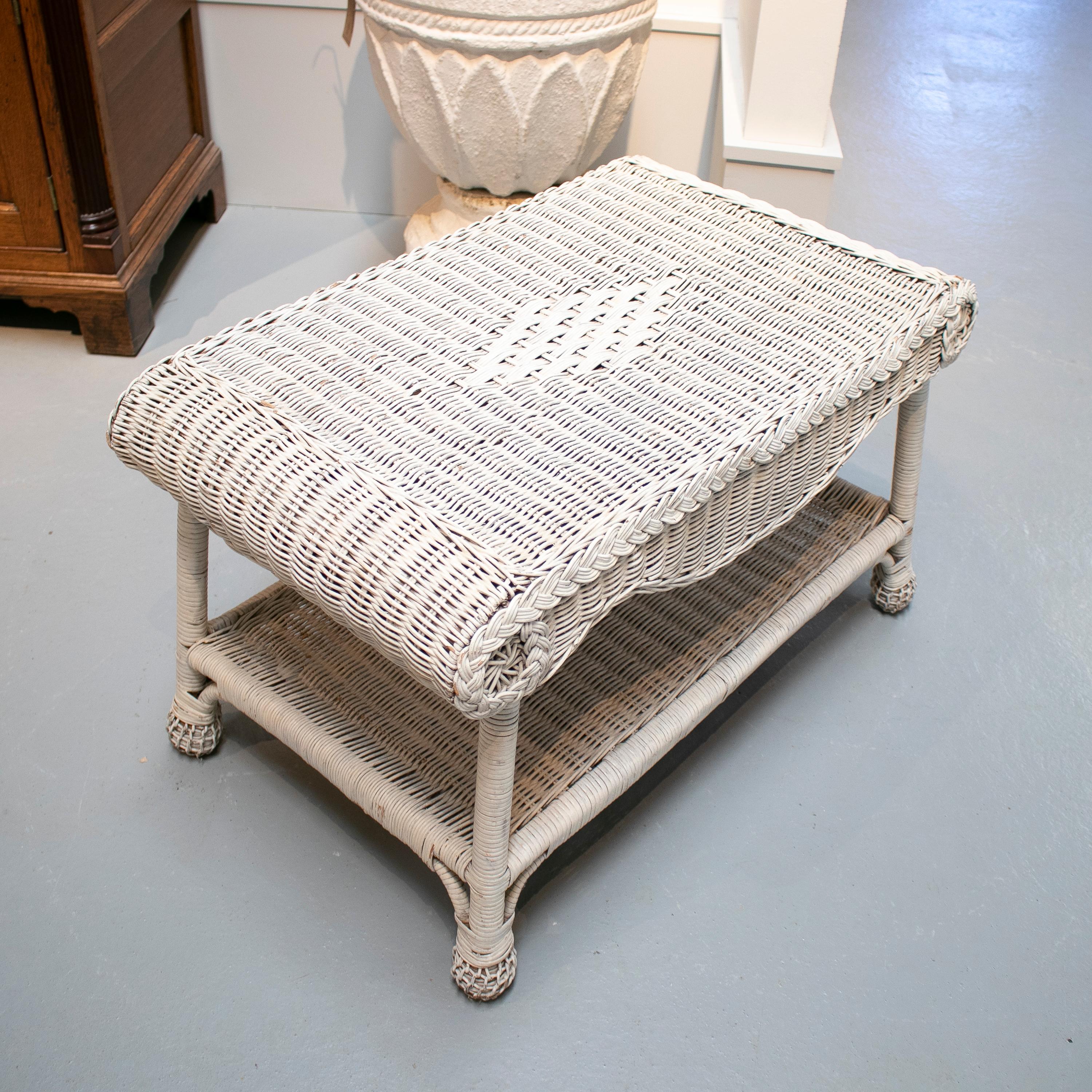 1970s Spanish Hand Woven Wicker Side Table Painted White 4