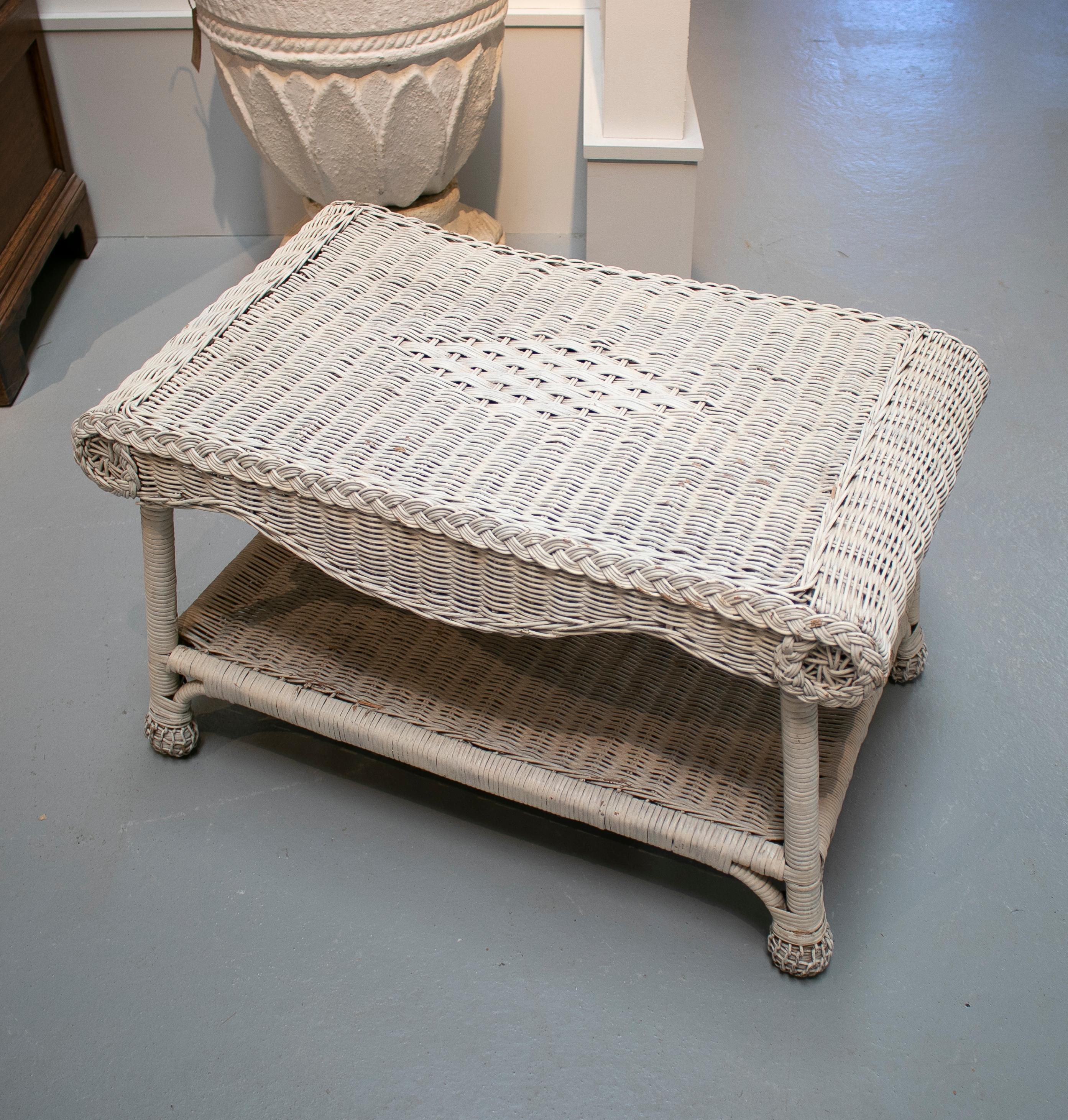 1970s Spanish Hand Woven Wicker Side Table Painted White 5