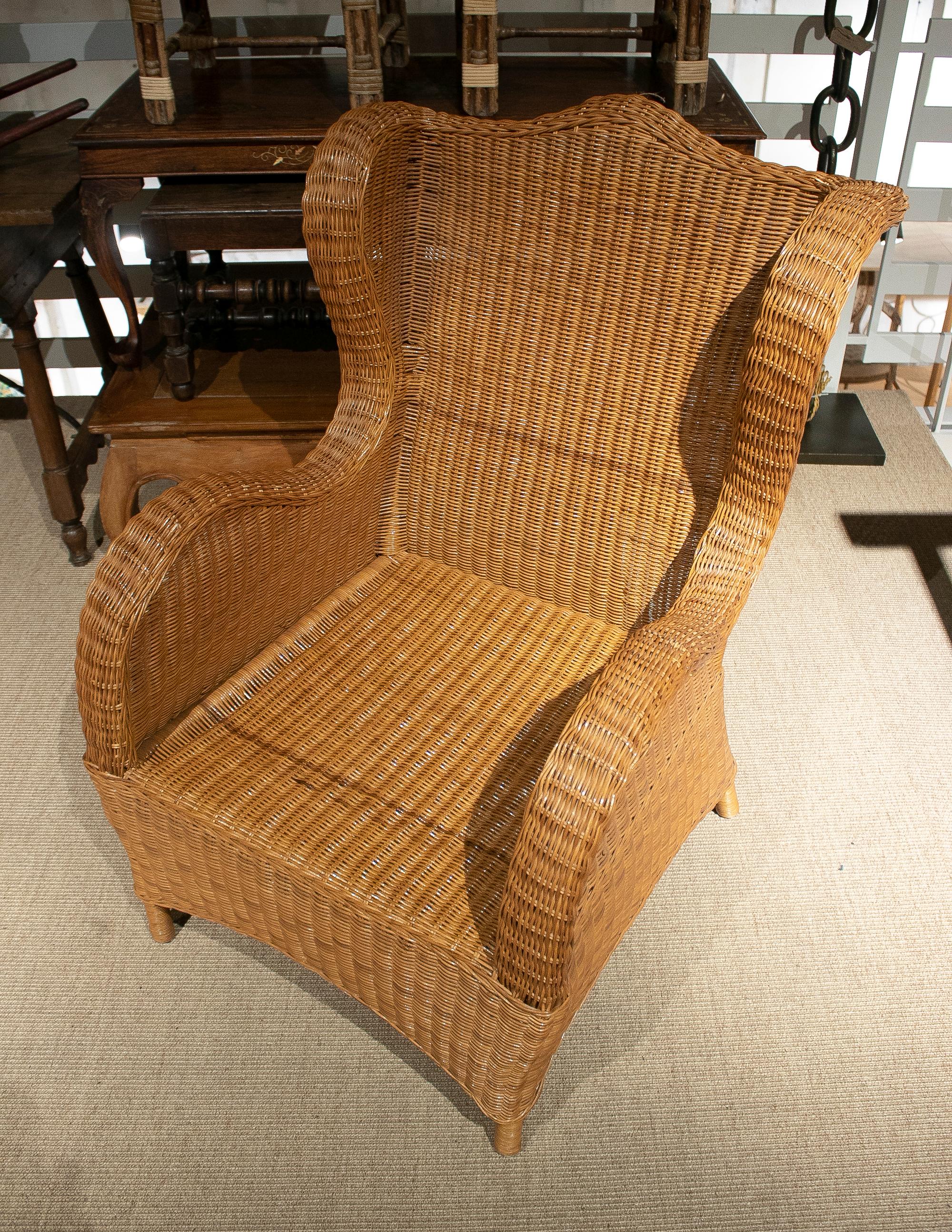 20th Century 1970s Spanish Hand Woven Wicker Wing Chair