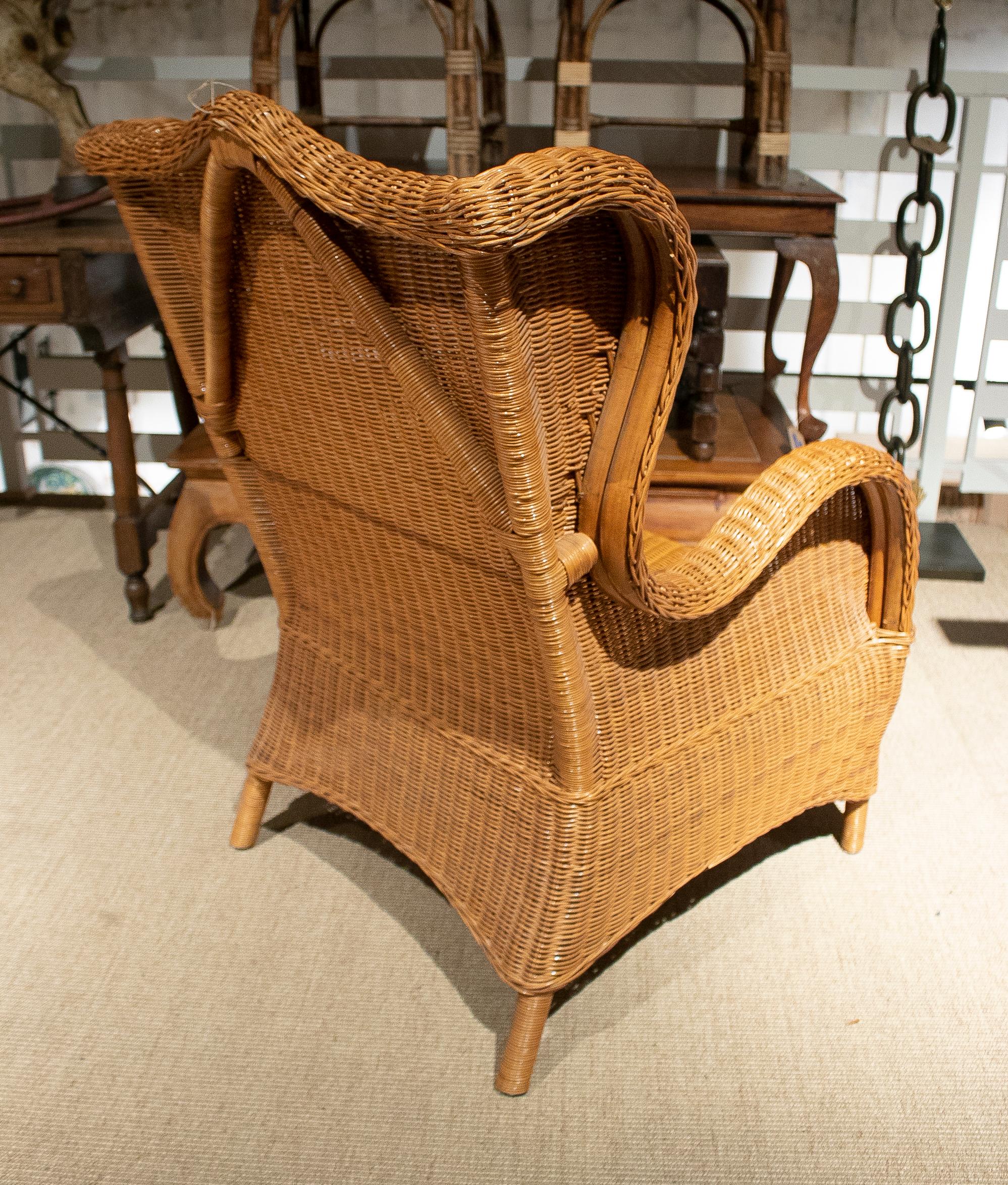1970s Spanish Hand Woven Wicker Wing Chair 1