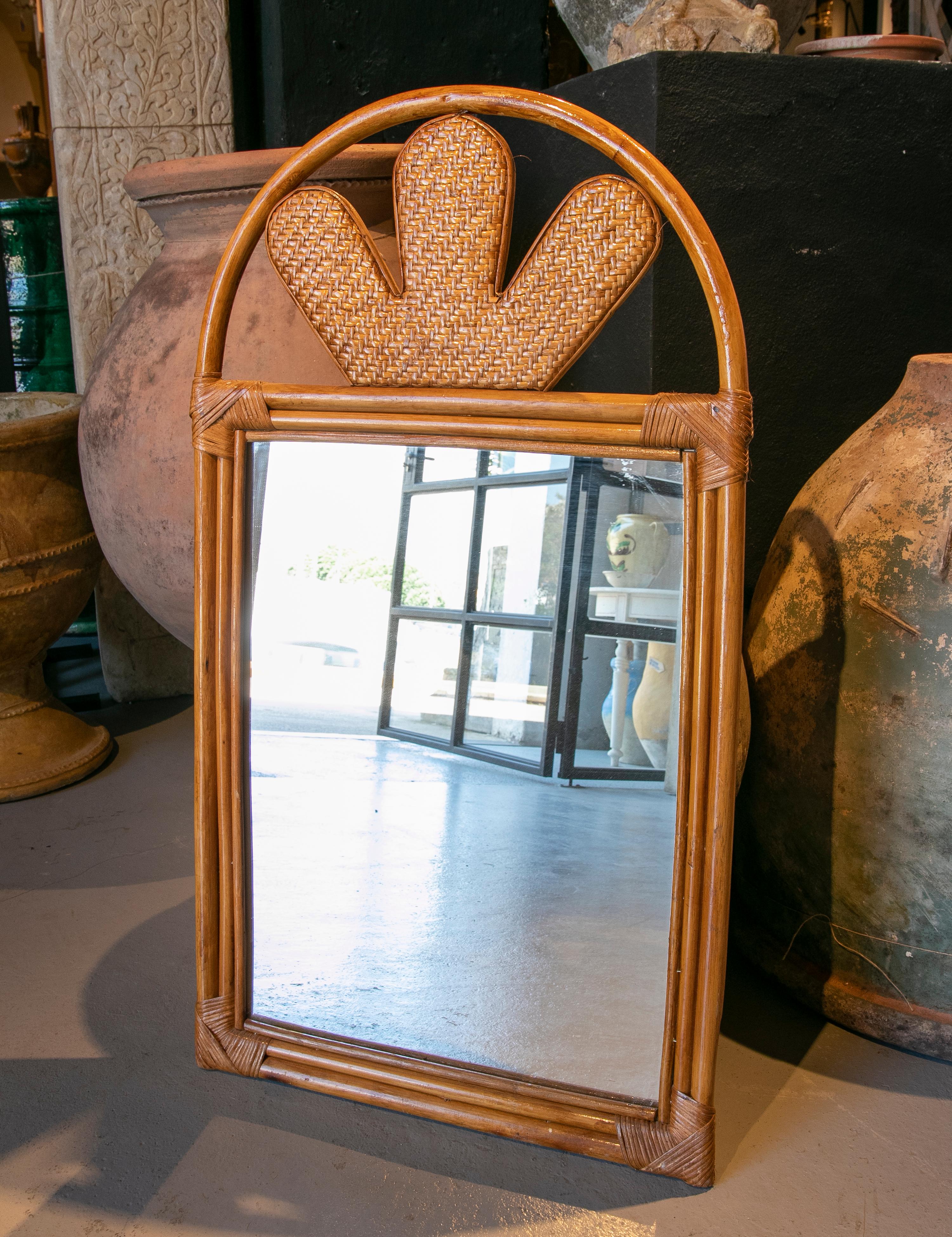 1970s Spanish handmade bamboo and wicker mirror.