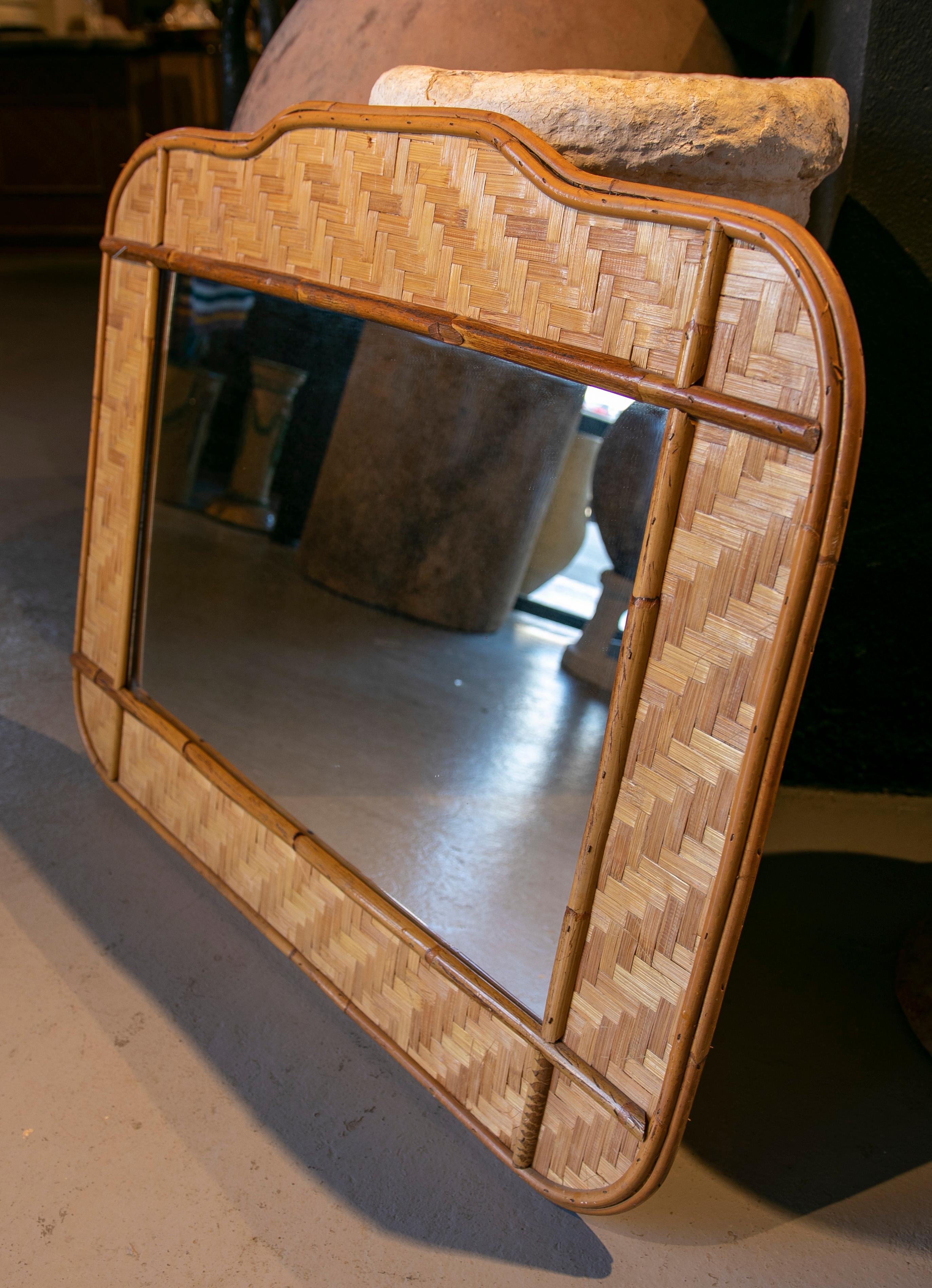 1970s Spanish Handmade Bamboo and Wicker mirror.