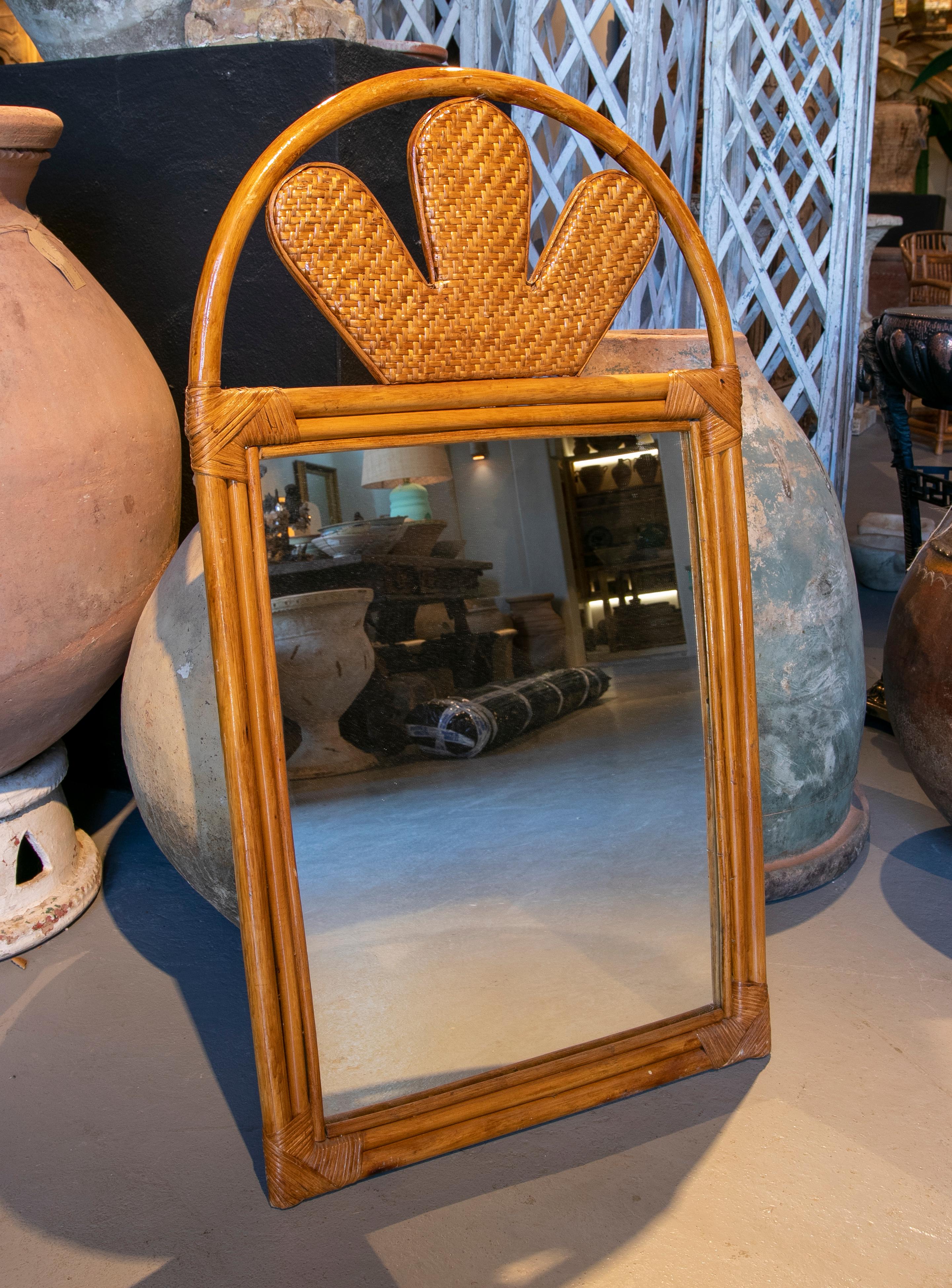 1970s, Spanish Handmade Bamboo and Wicker Mirror In Good Condition For Sale In Marbella, ES