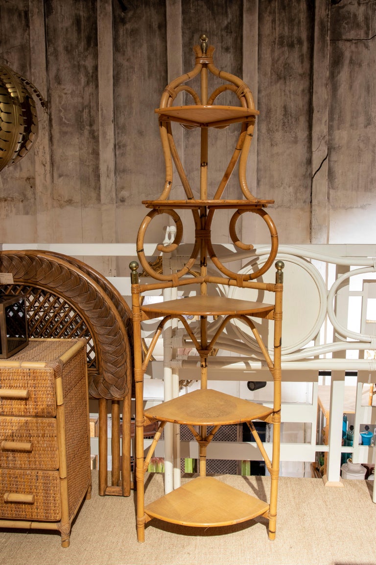 1970s Spanish Handmade Bamboo Corner Shelf with Metal Finials For Sale