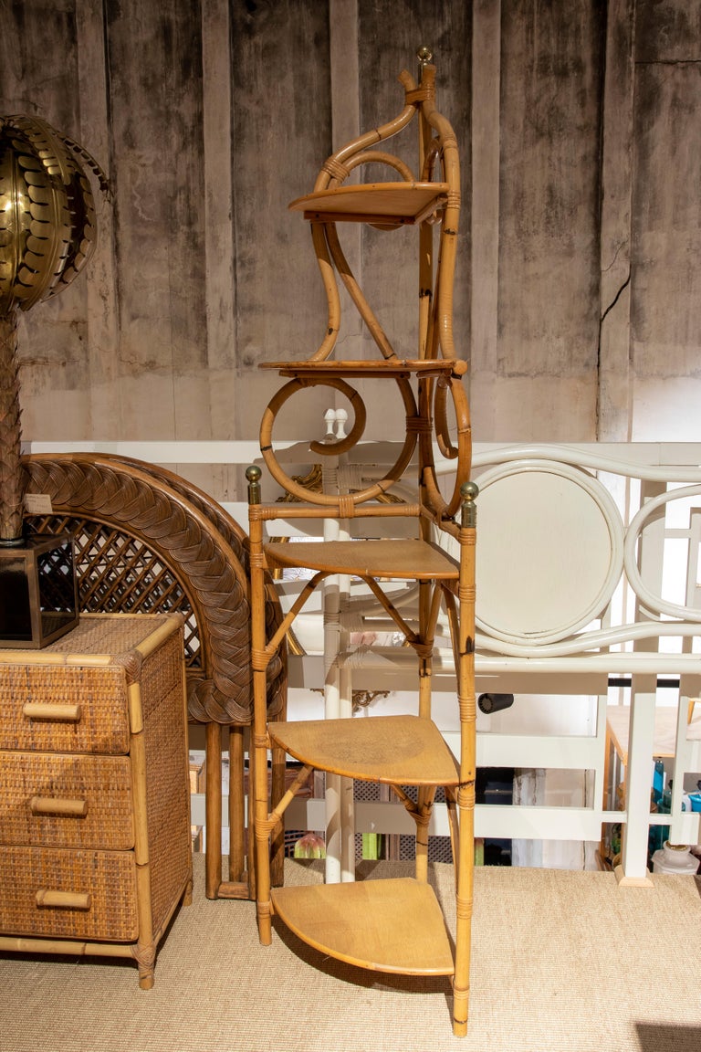 1970s Spanish Handmade Bamboo Corner Shelf with Metal Finials For Sale