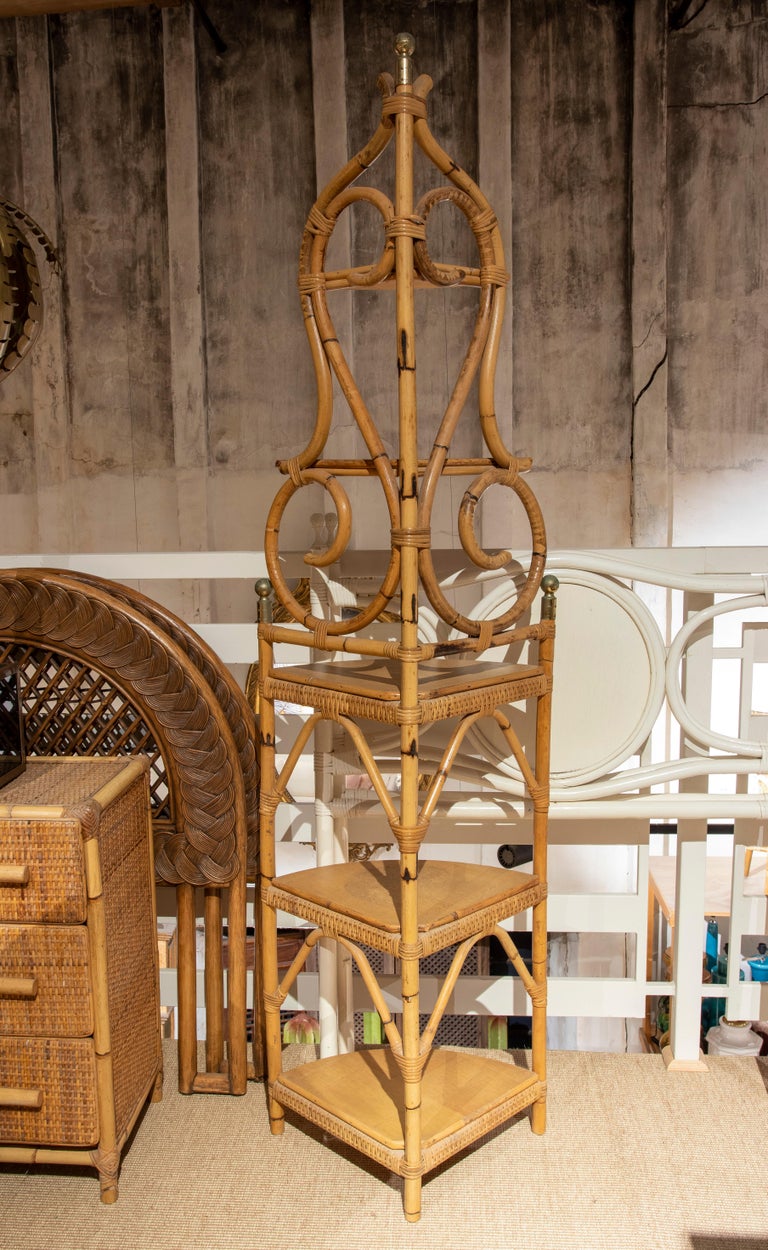 1970s Spanish Handmade Bamboo Corner Shelf with Metal Finials For Sale