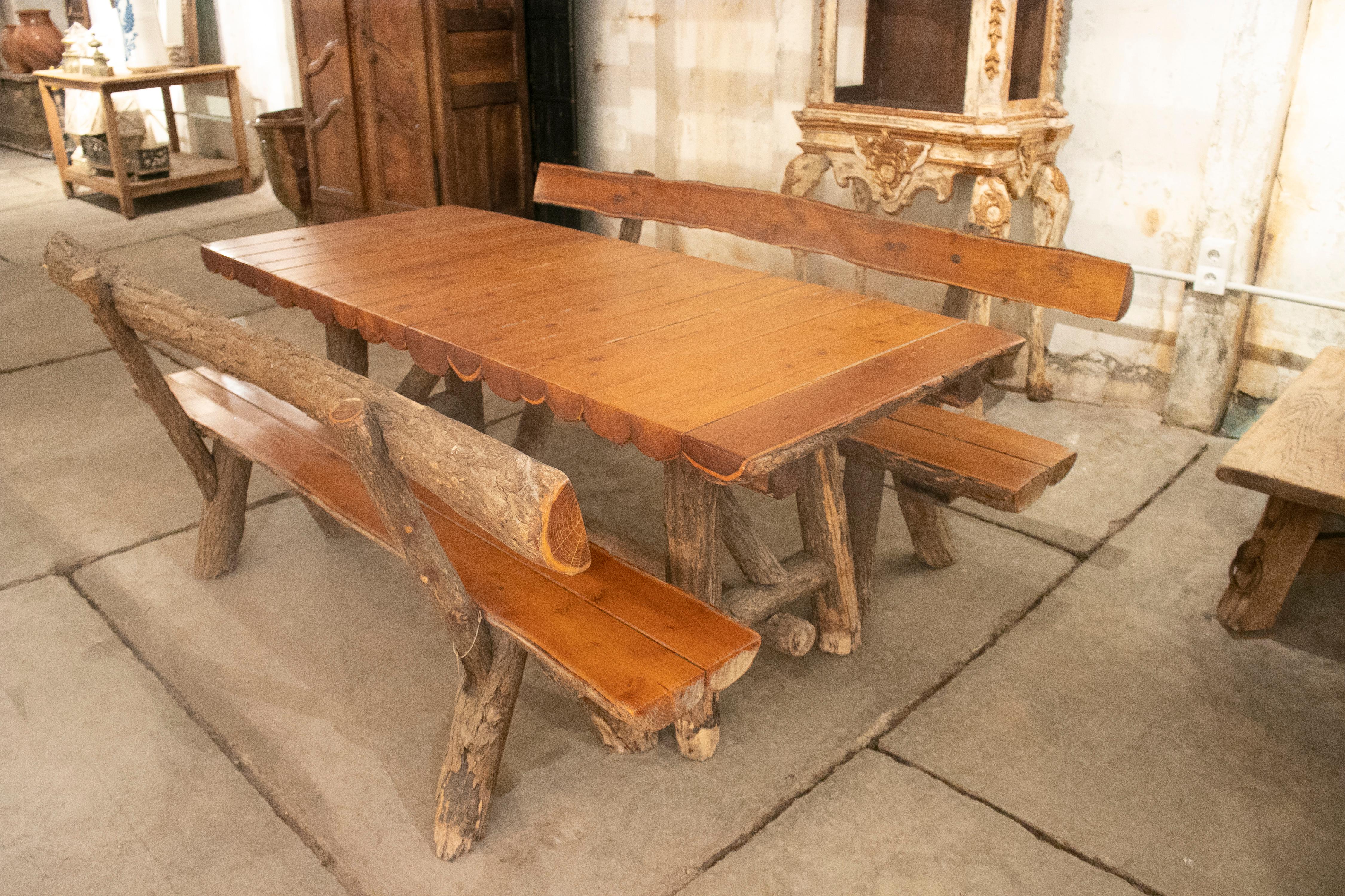 1970s Spanish Handmade Garden Wooden Table w/ Benches In Good Condition In Marbella, ES
