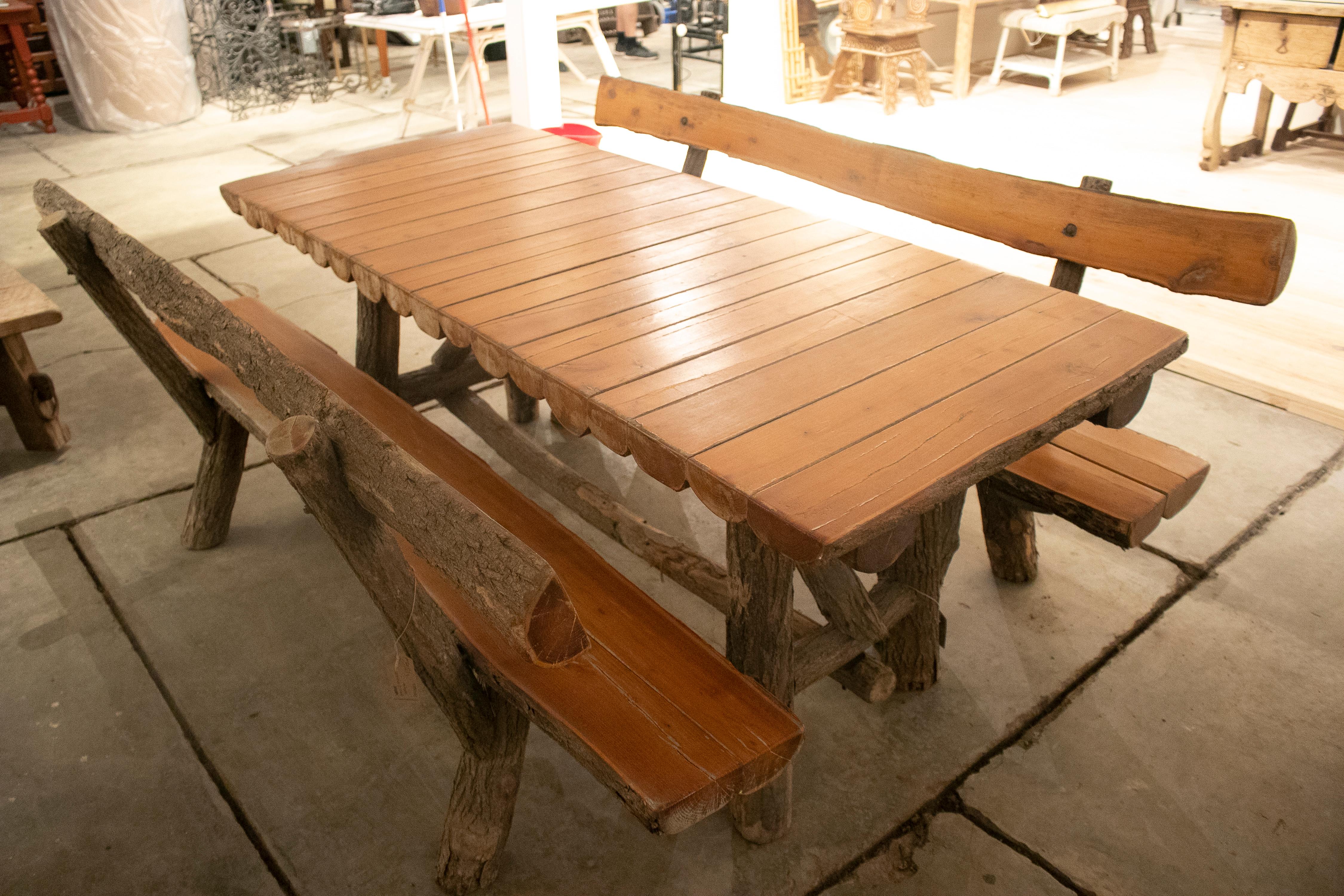 1970s Spanish Handmade Garden Wooden Table w/ Benches 3