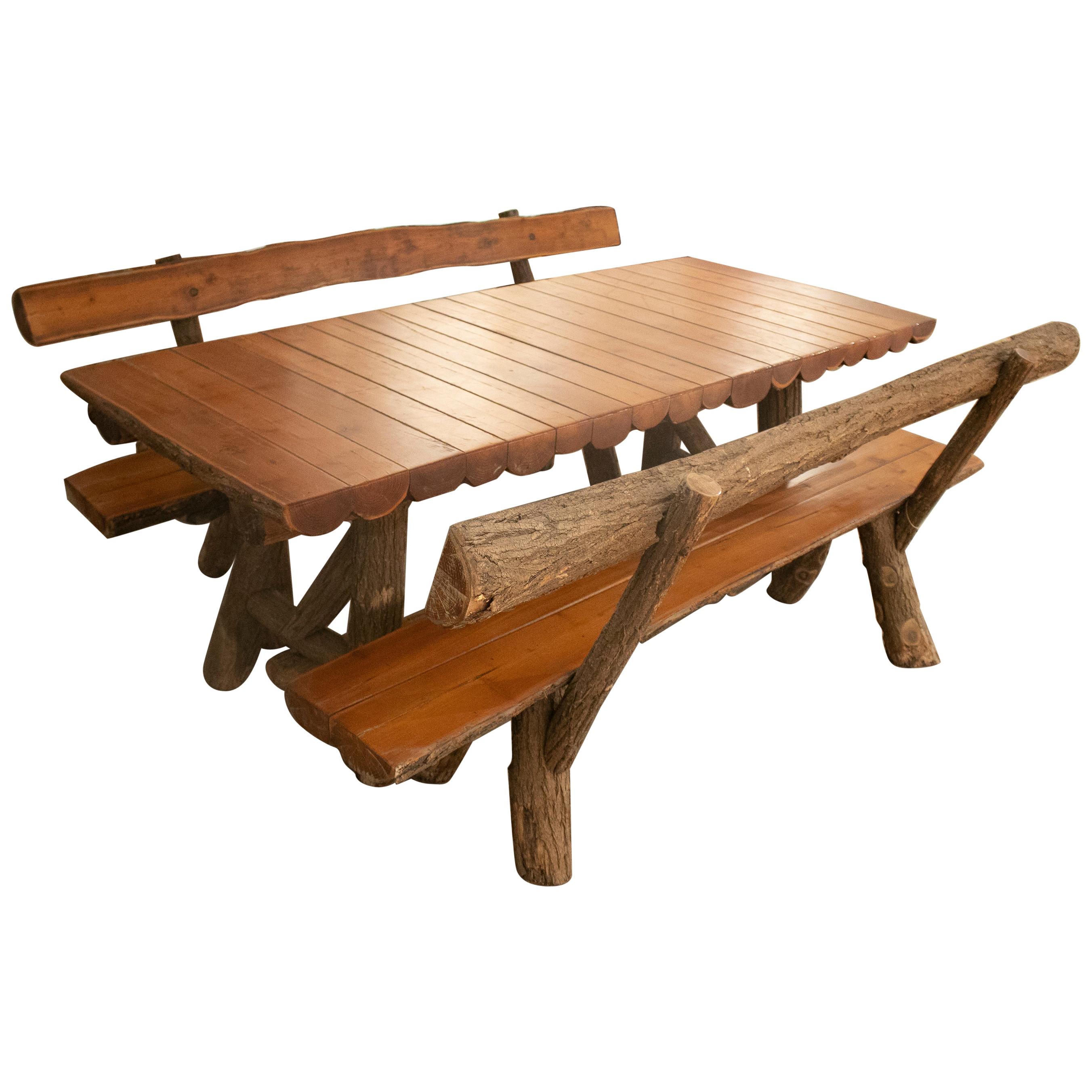 1970s Spanish Handmade Garden Wooden Table w/ Benches