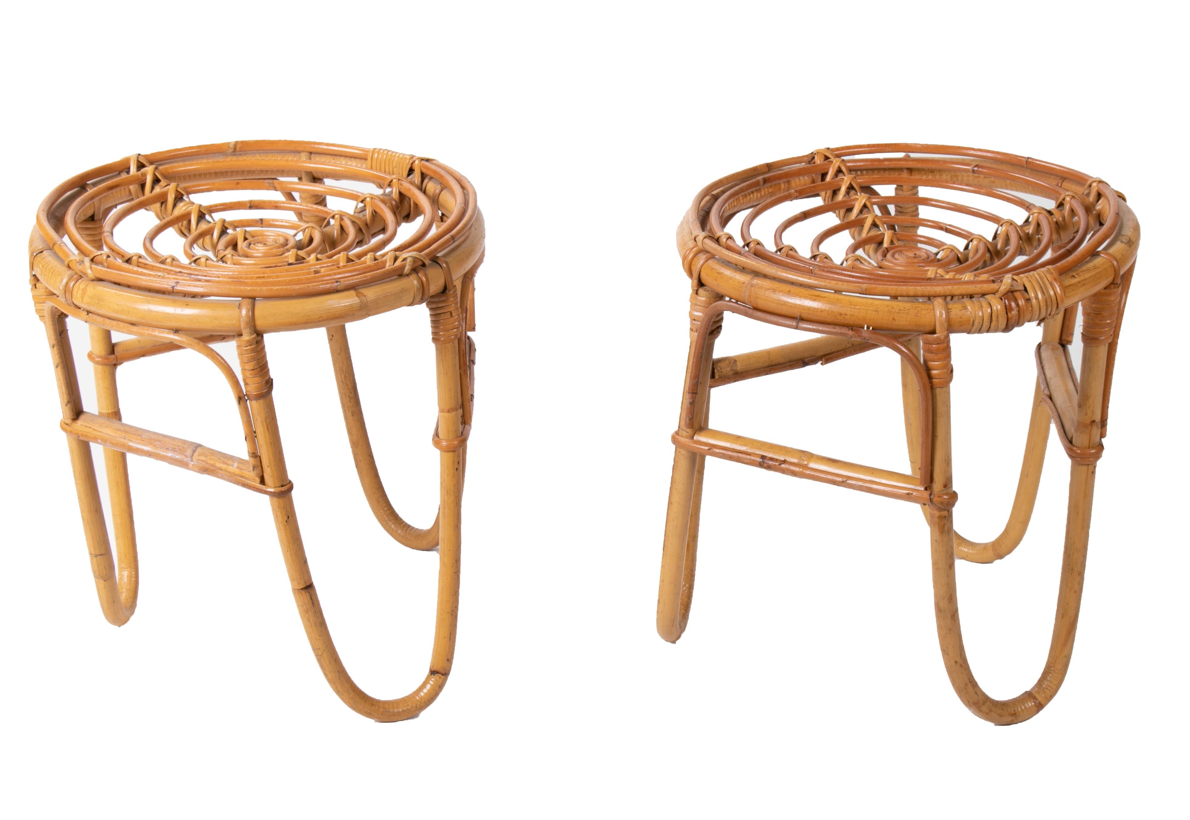 1970s Spanish handmade pair of wicker and bamboo low stools.