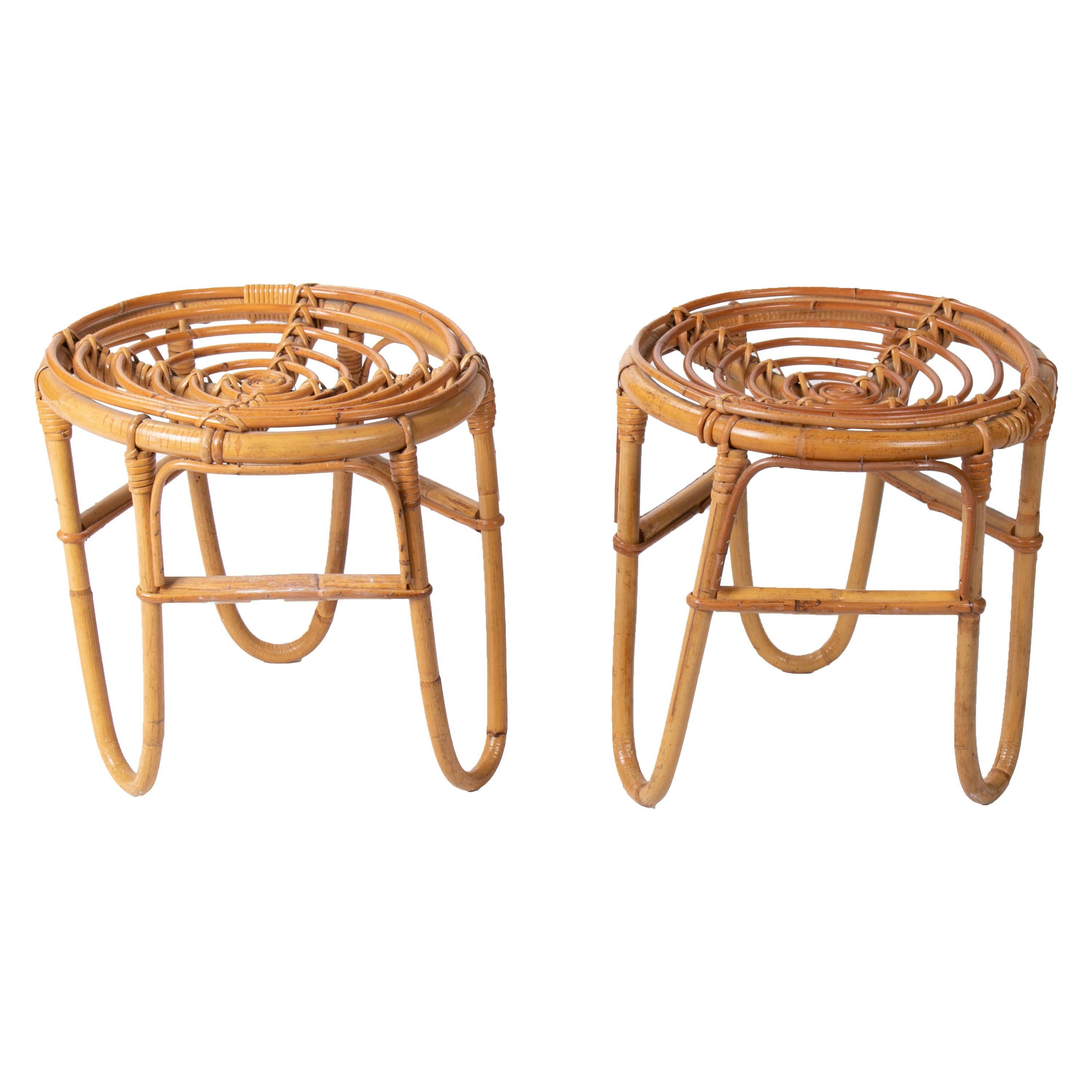 1970s Spanish Handmade Pair of Wicker and Bamboo Low Stools For Sale