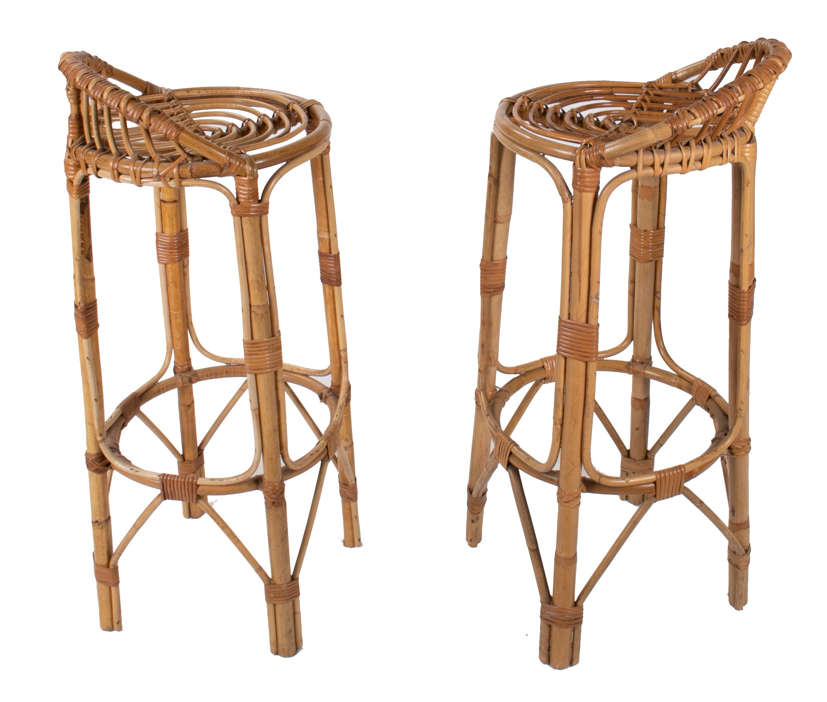 1970s Spanish handmade pair of wicker and bamboo stools.