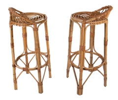 1970s Spanish Handmade Pair of Wicker and Bamboo Stools