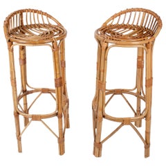 1970s Spanish Handmade Pair of Wicker and Bamboo Stools