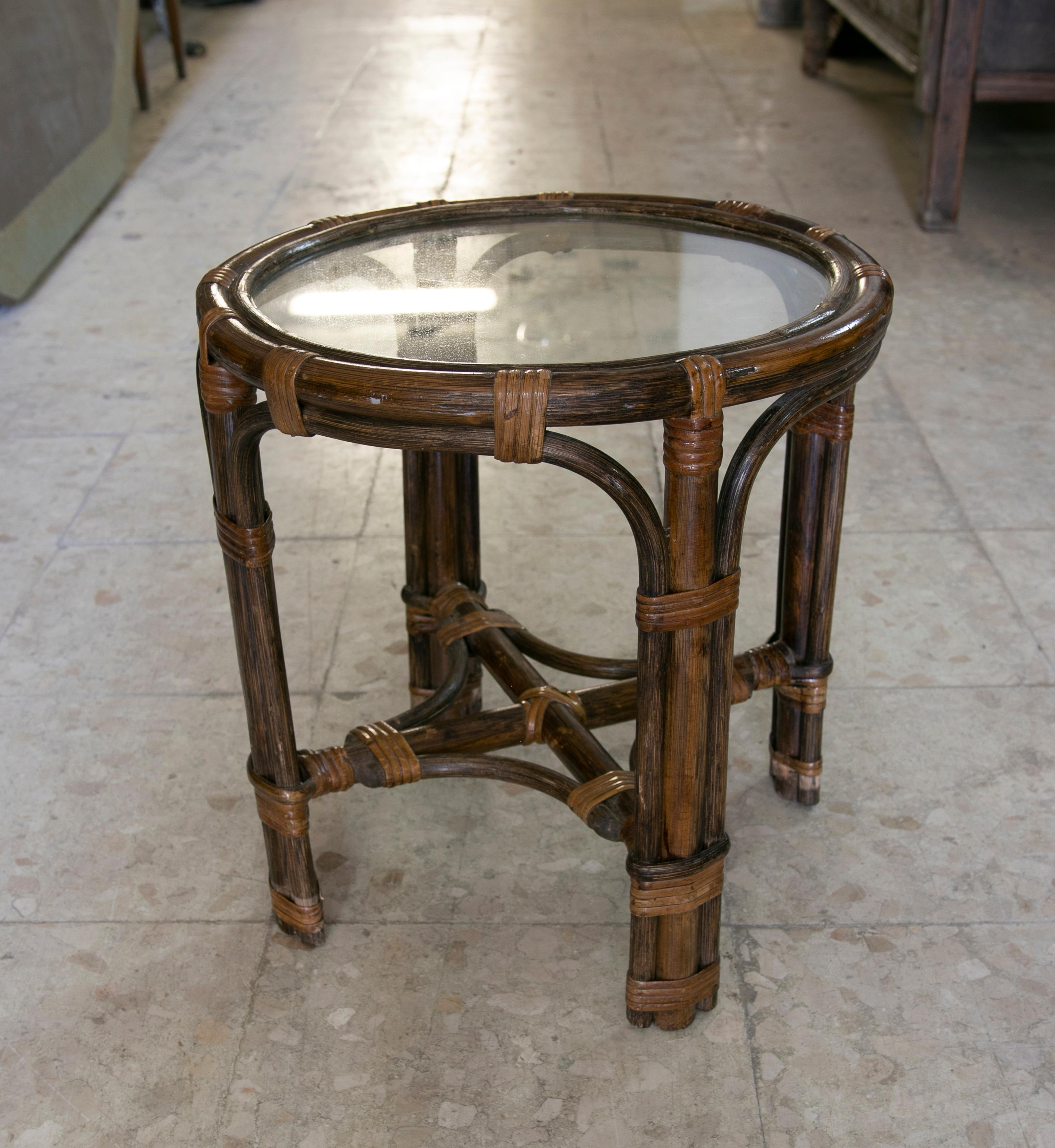 1970s Spanish Handmade Round Bamboo Sidetable For Sale 1