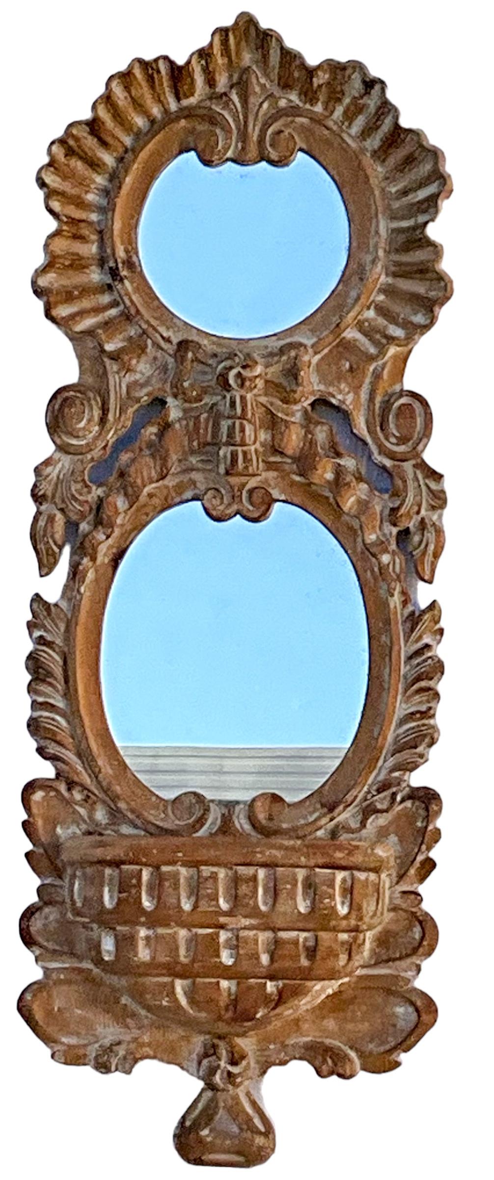 20th Century 1970s Spanish Heavily Carved French Style Mirror With Wall Pocket / Planter  For Sale