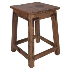 1970s Spanish Industrial Washed Wood Stool w/ Crossbeam Legs